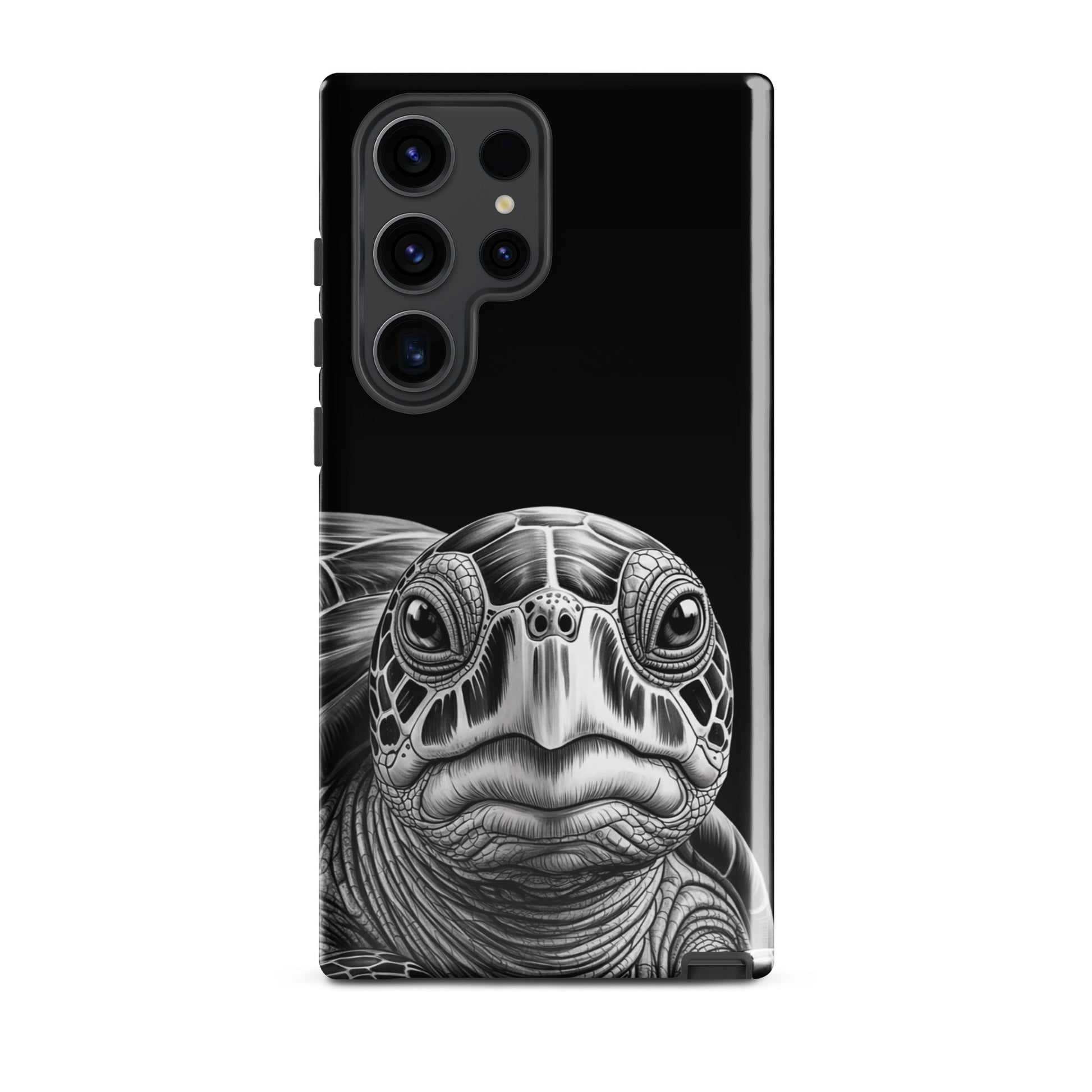 Phone Case for Samsung Galaxy featuring a black-and-white sea turtle design showcasing intricate shell details and soulful gaze.