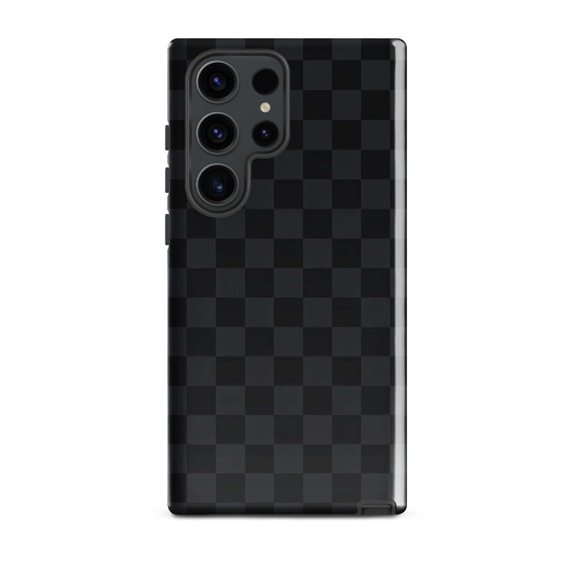 Phone Case for Samsung Galaxy in black and charcoal checkered design, sleek and modern protection.
