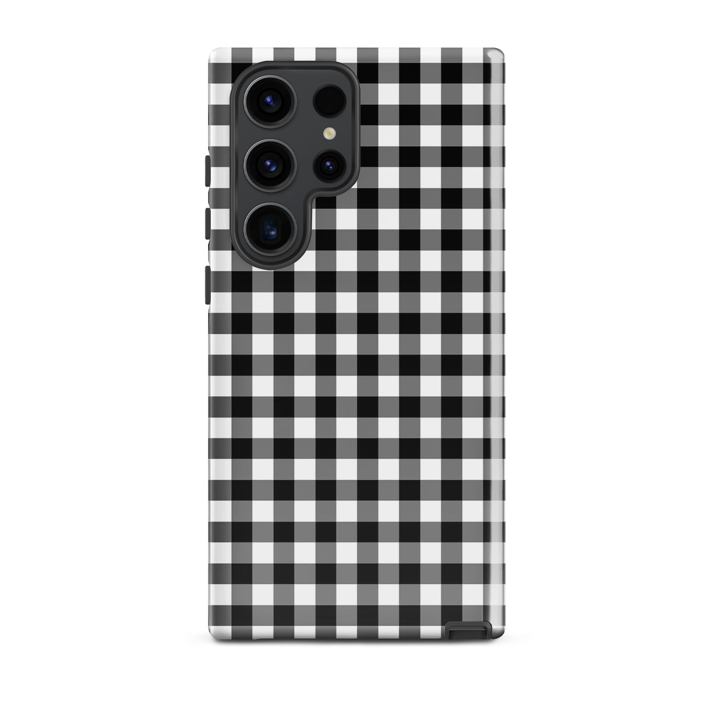 Phone Case for Samsung Galaxy with black and white gingham pattern offering style and protection.