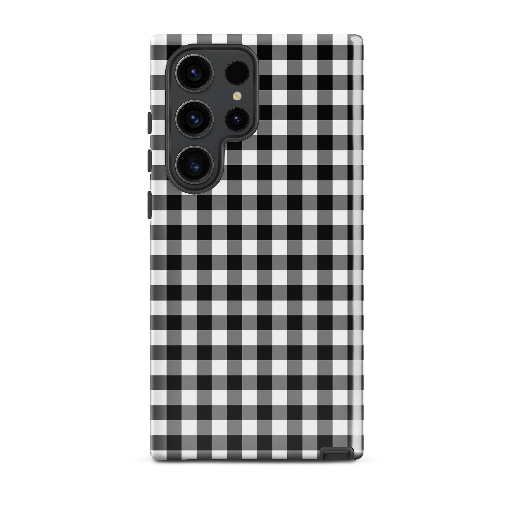 Phone Case for Samsung Galaxy with black and white gingham pattern offering style and protection.