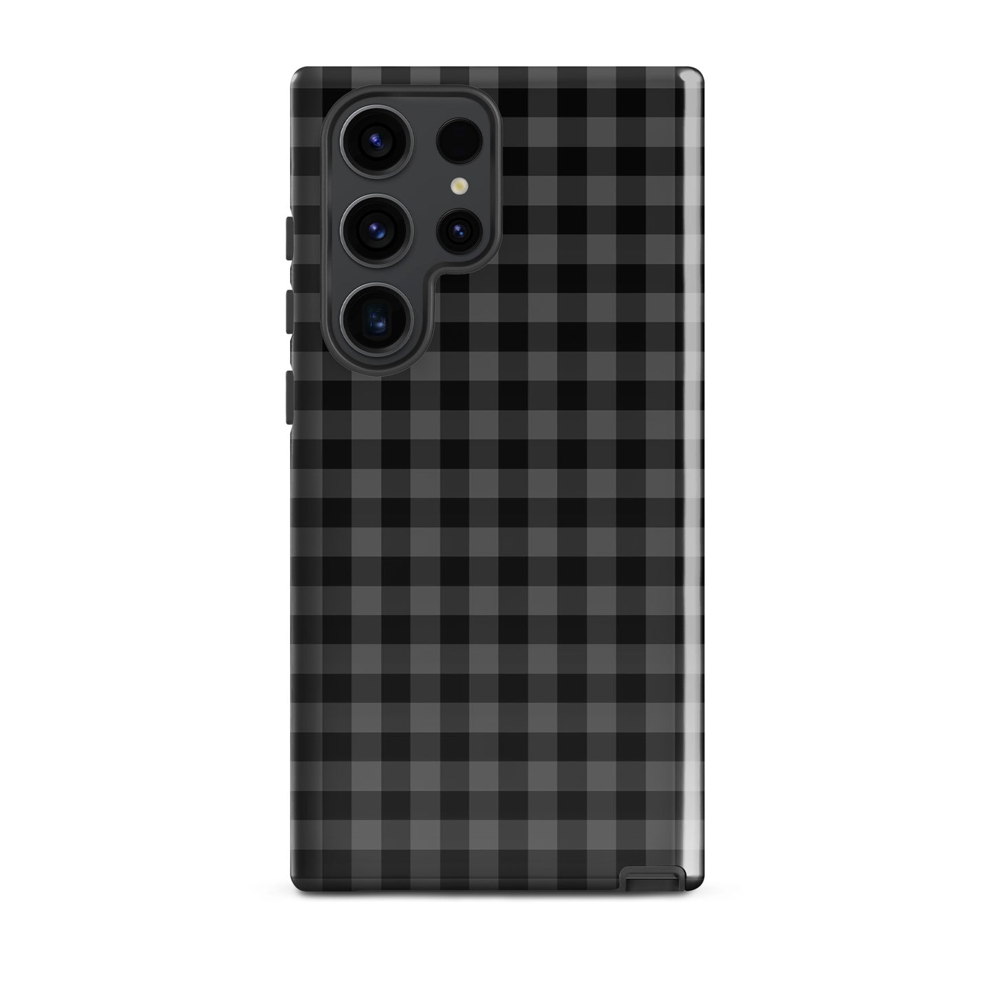 Phone Case for Samsung Galaxy with black and charcoal gingham pattern, blending style and protection in a chic, durable design.