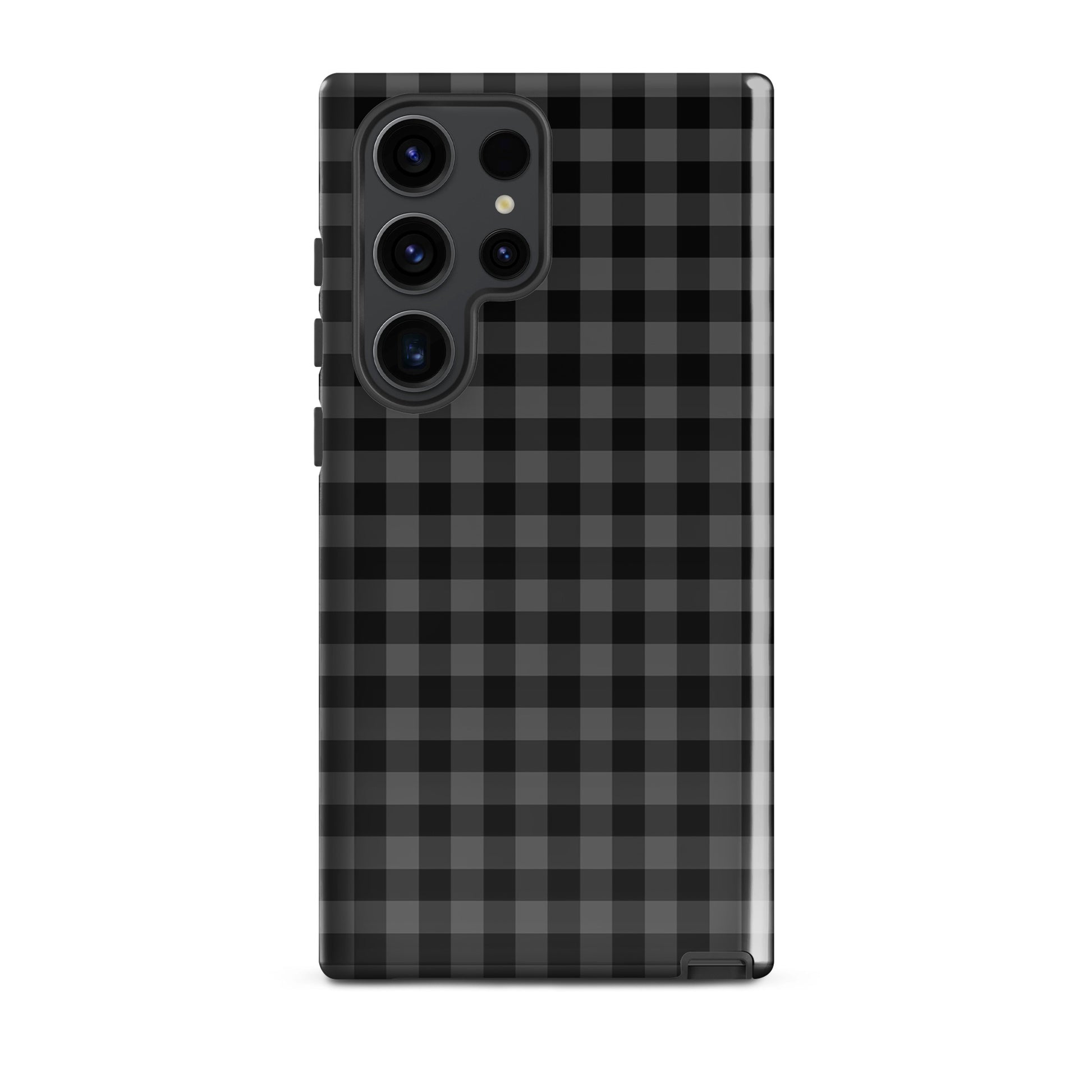 Phone Case for Samsung Galaxy with black and charcoal gingham pattern, blending style and protection in a chic, durable design.