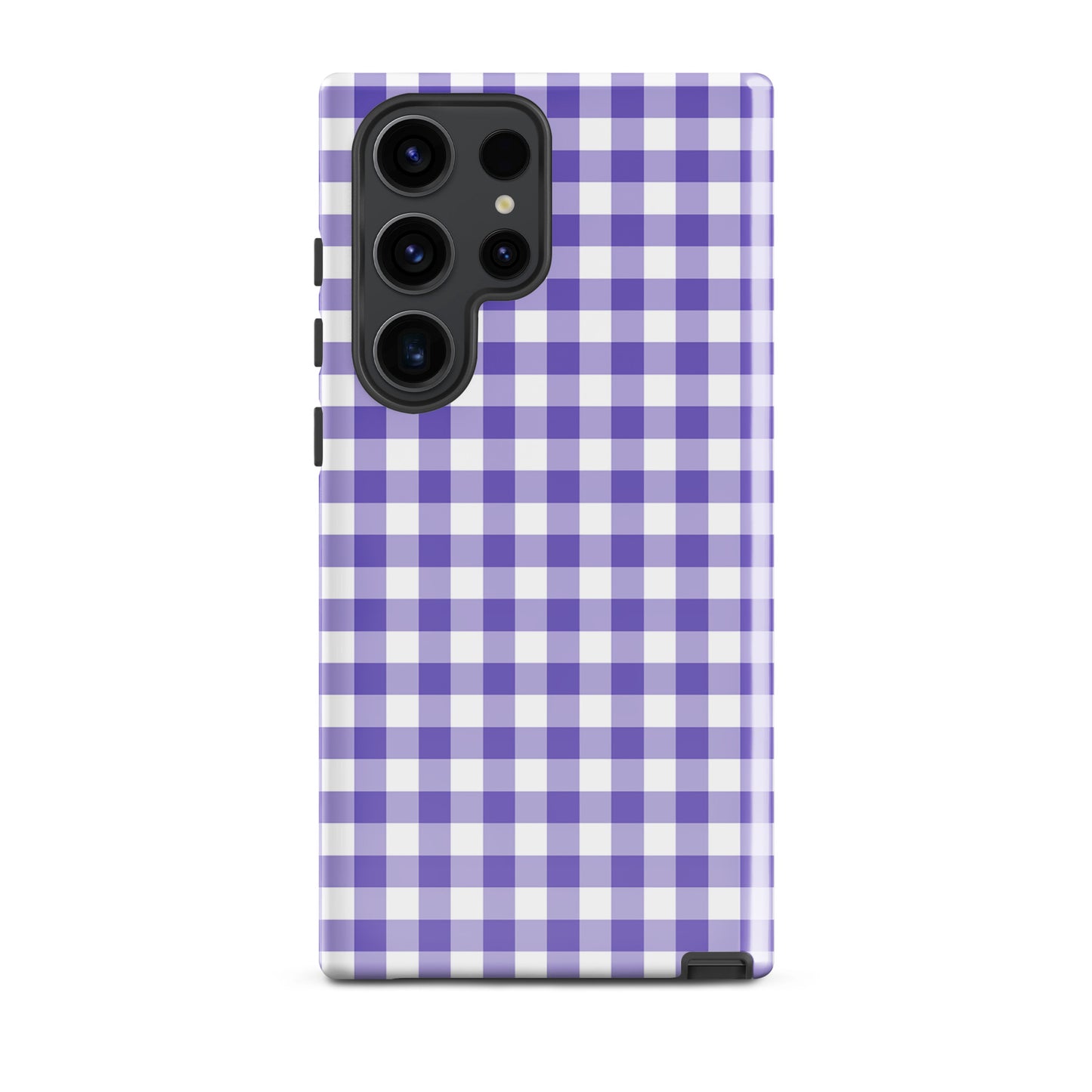 Phone case with purple and white gingham pattern for Samsung Galaxy, offering style and protection in a chic accessory design.