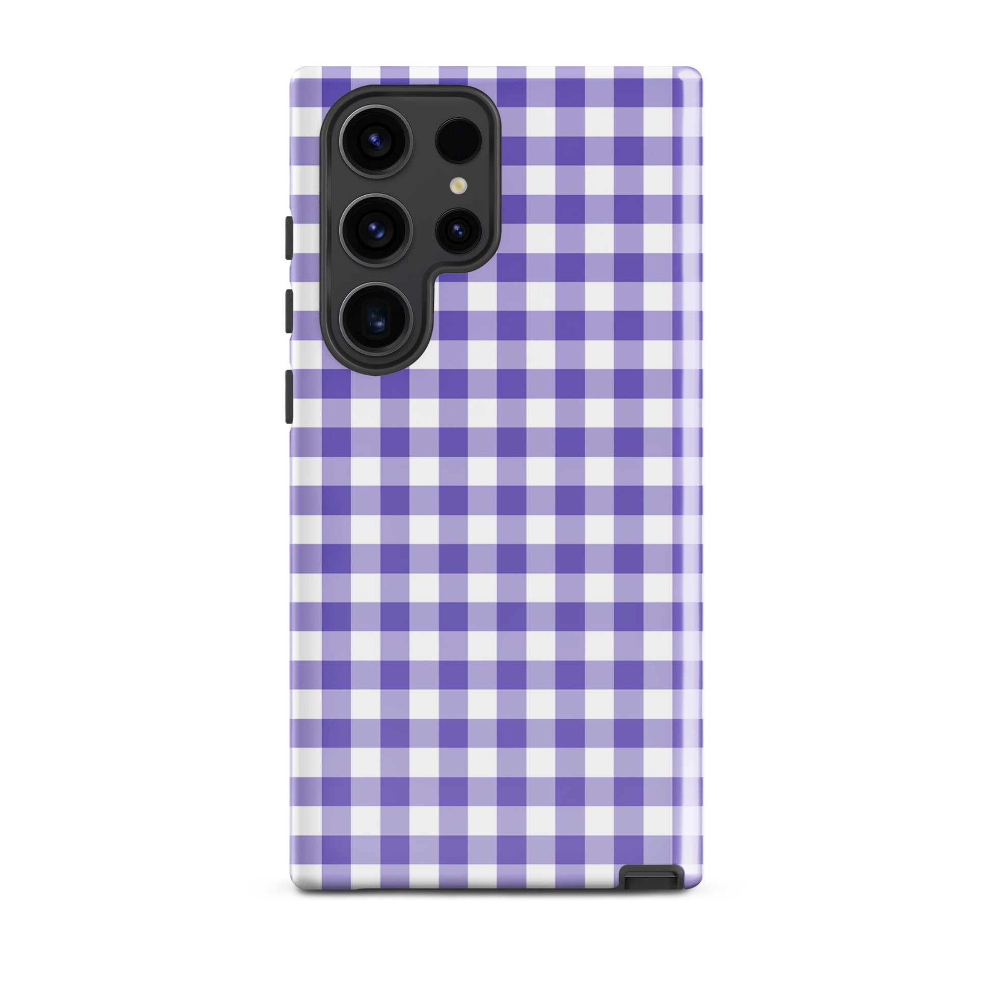 Phone case with purple and white gingham pattern for Samsung Galaxy, offering style and protection in a chic accessory design.