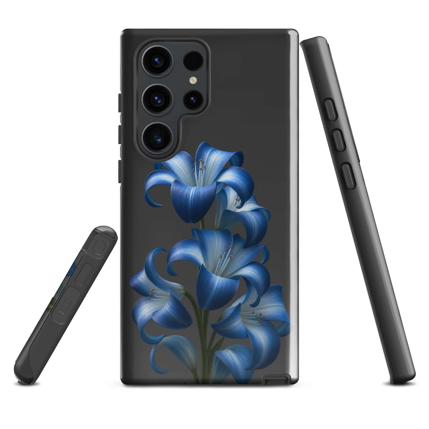 Phone Case for Samsung Galaxy with Blue Lily Bloom Art on dark background, showing protective yet stylish dual-layer design.