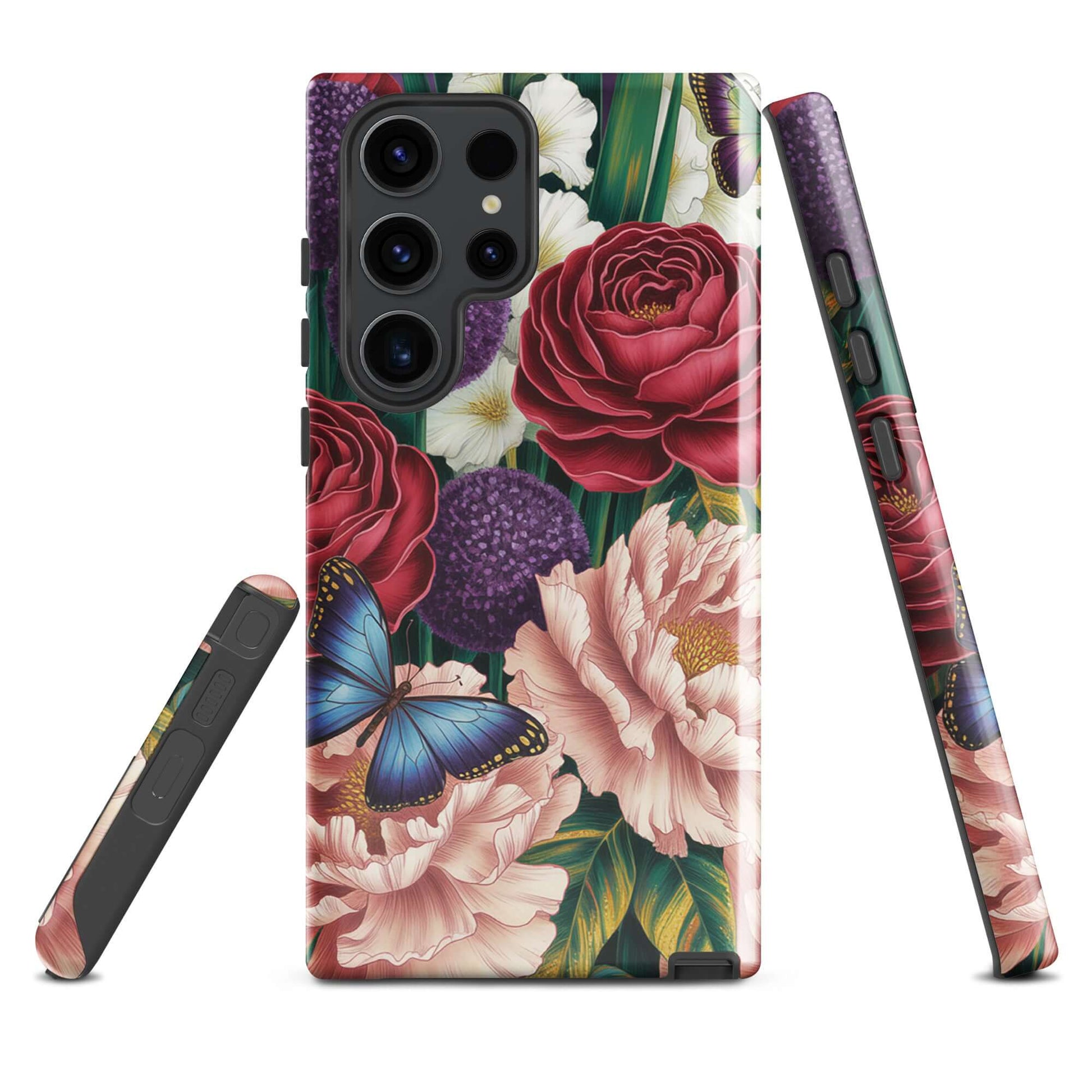 Phone Case for Samsung Galaxy with floral design of roses, peonies, alliums, and butterflies for a botanical garden theme