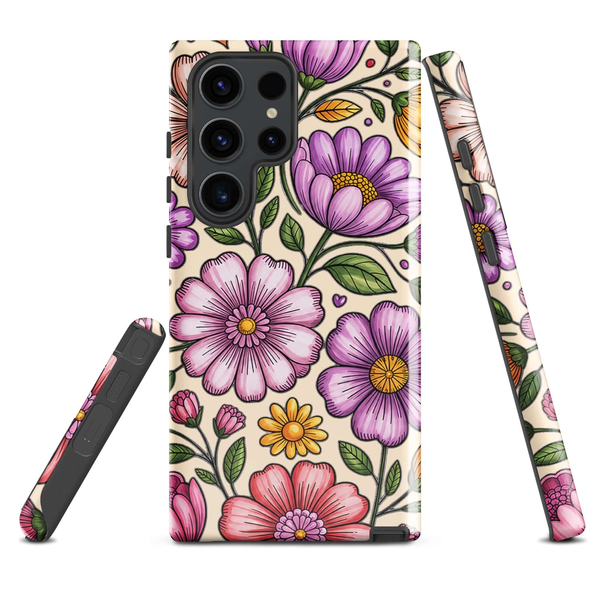 Phone Case for Samsung Galaxy with pastel floral design featuring pink, peach, lavender, and yellow flowers.