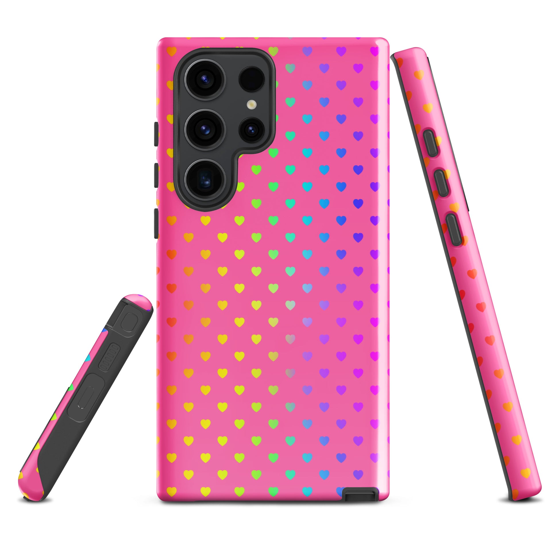 Phone case for Samsung Galaxy with cute rainbow hearts on pink background, dual-layer design for protection and style.