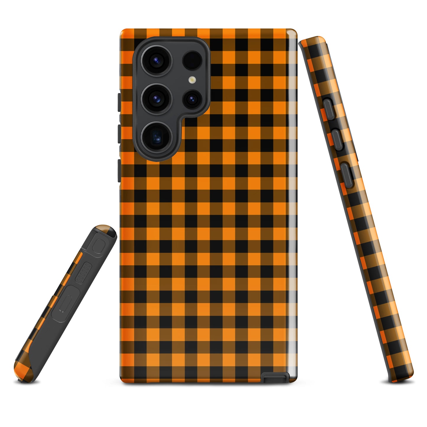 Black-and-orange gingham phone case for Samsung Galaxy, autumn theme, durable and stylish design, perfect accessory.