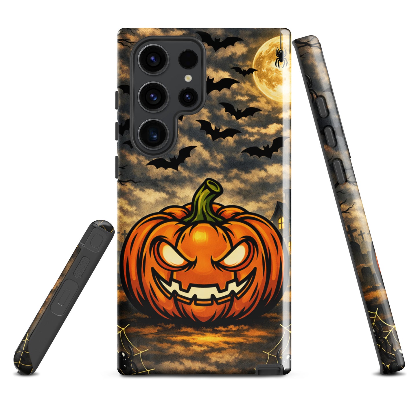 Phone Case for Samsung Galaxy with haunted pumpkin, bats, moonlit clouds, and haunted house Halloween scene design.