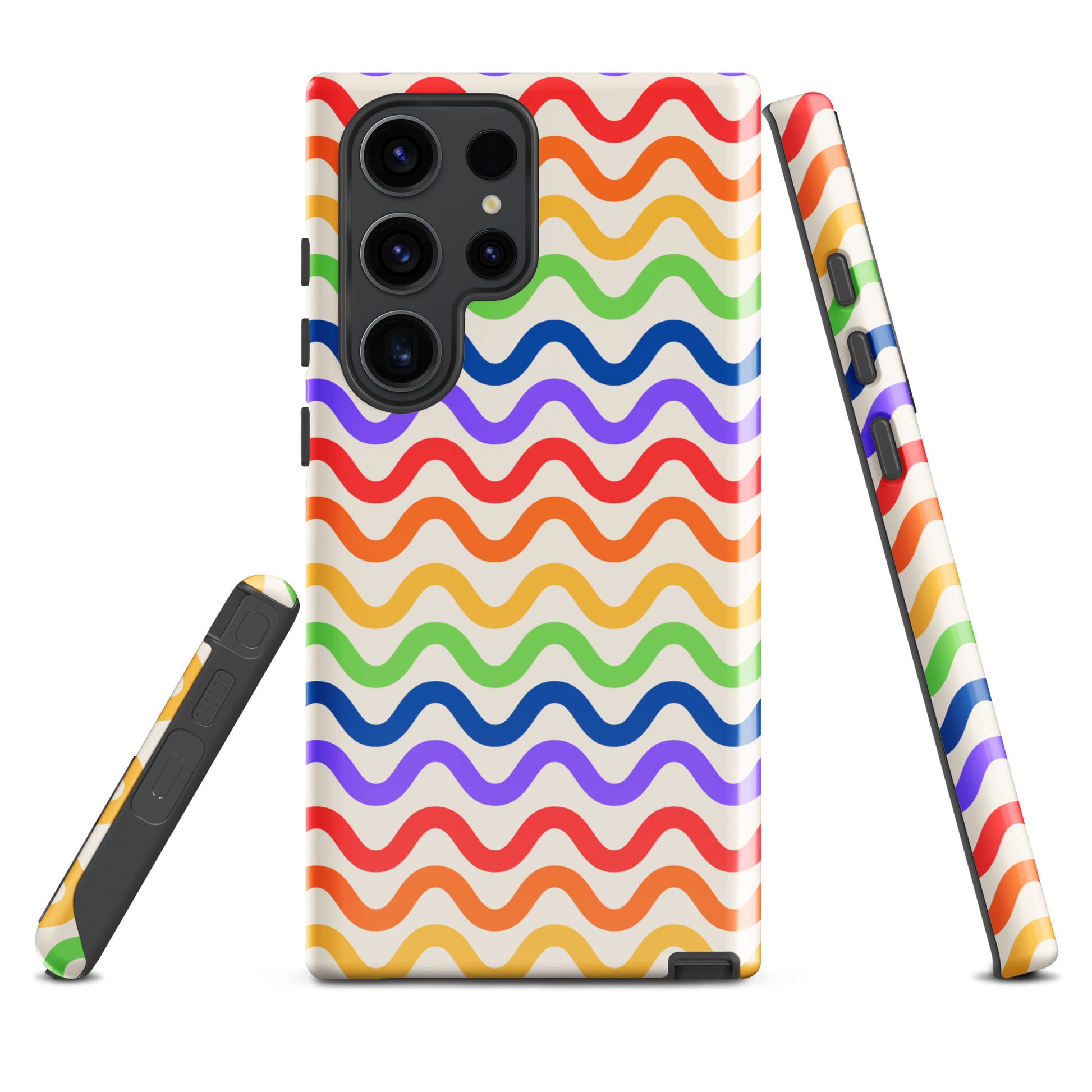 Phone Case for Samsung Galaxy - Wavy Rainbow Groove pattern with colorful wavy lines on a white background providing vibrant protection.