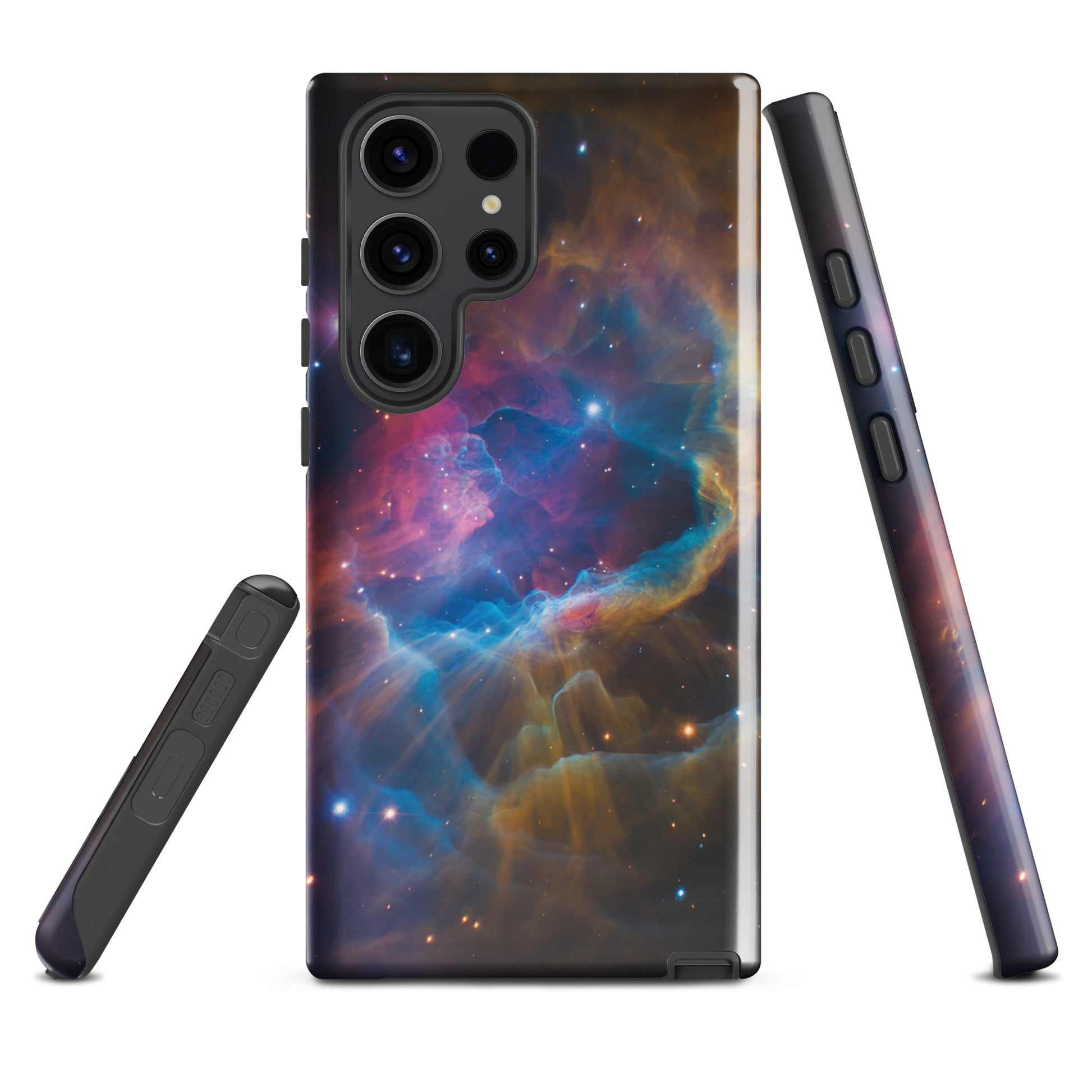 Phone Case for Samsung Galaxy with Nebula Cosmic Dreamscape design featuring vibrant starburst pattern in blues, oranges, and pinks.