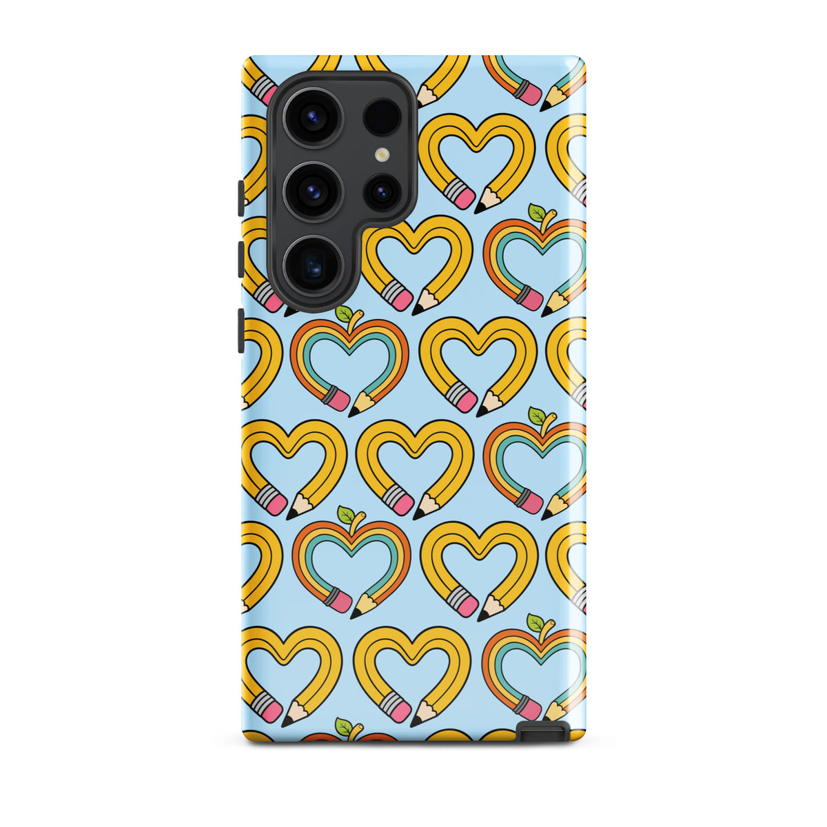 Phone Case for Samsung Galaxy with playful pencil-heart pattern, featuring whimsical design of pencil-shaped hearts with green leaves.