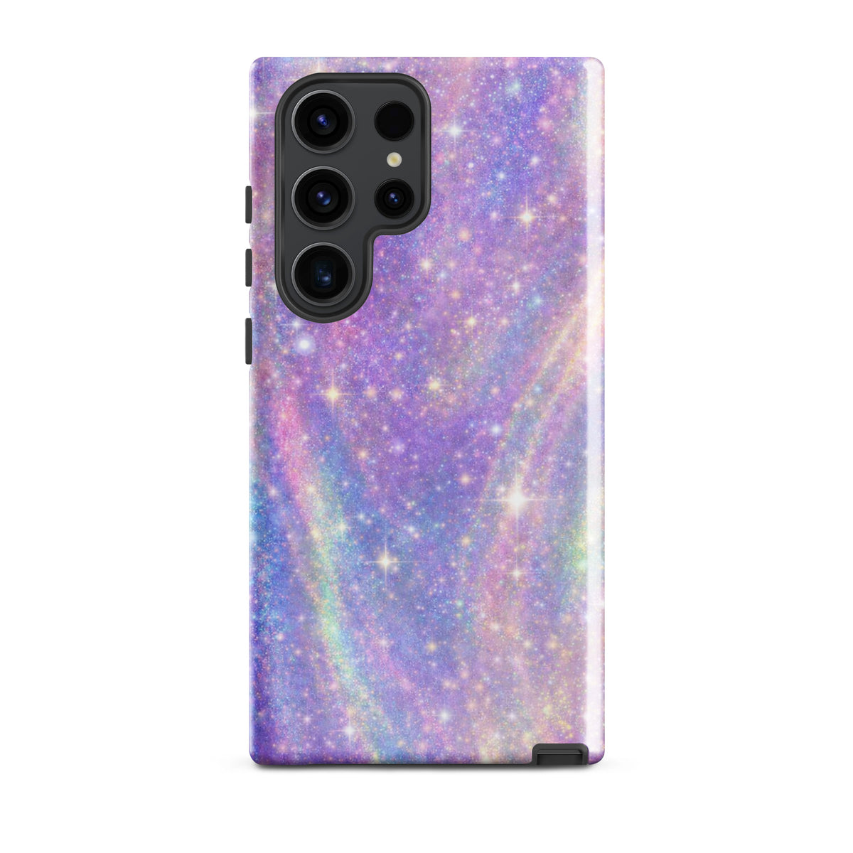 Phone Case for Samsung Galaxy featuring a Cosmic Dream Swirl design with pastel purples, pinks, blues, and golden sparkles like a galaxy.