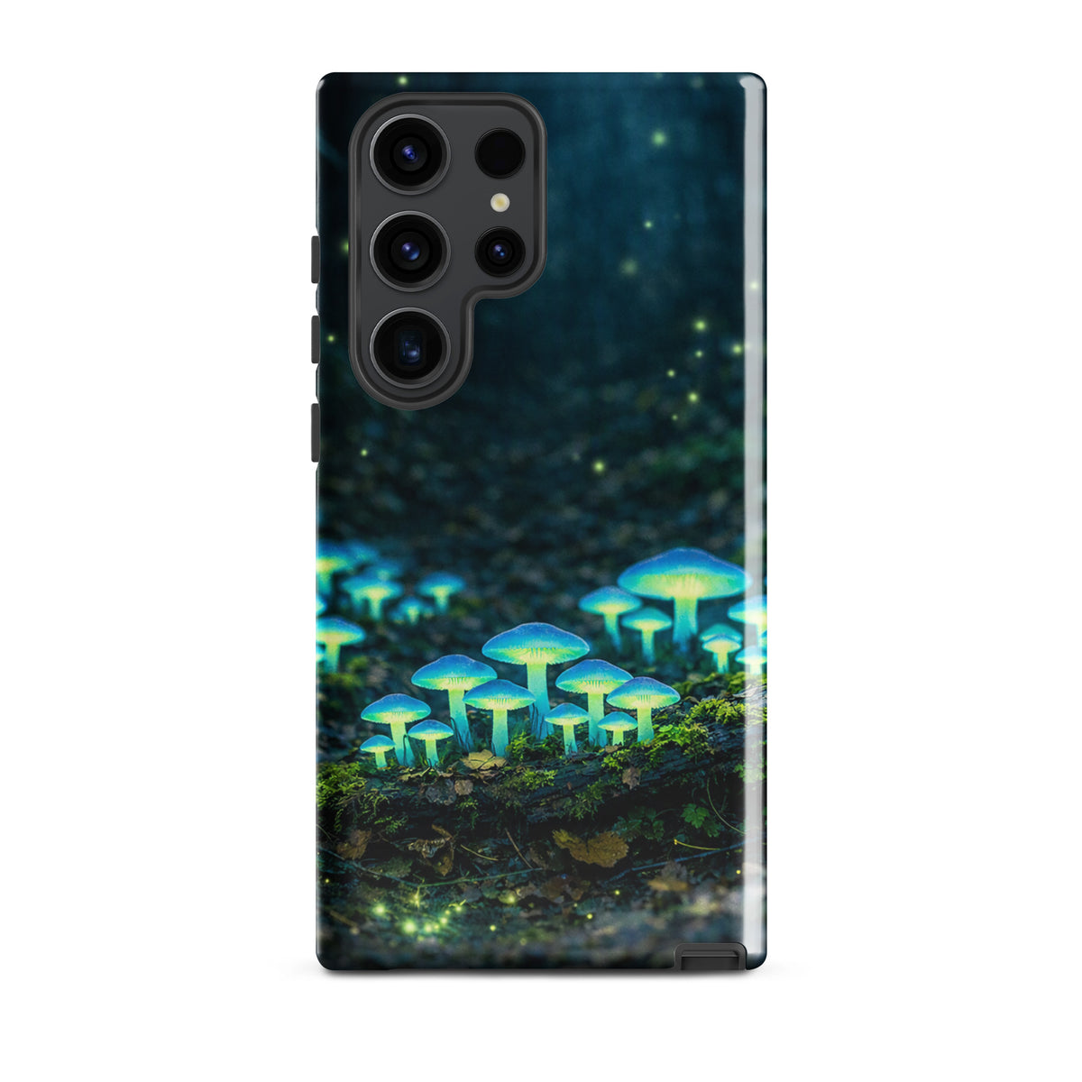 Phone Case for Samsung Galaxy with glowing forest mushrooms design, featuring bioluminescent blue-green mushroom clusters.