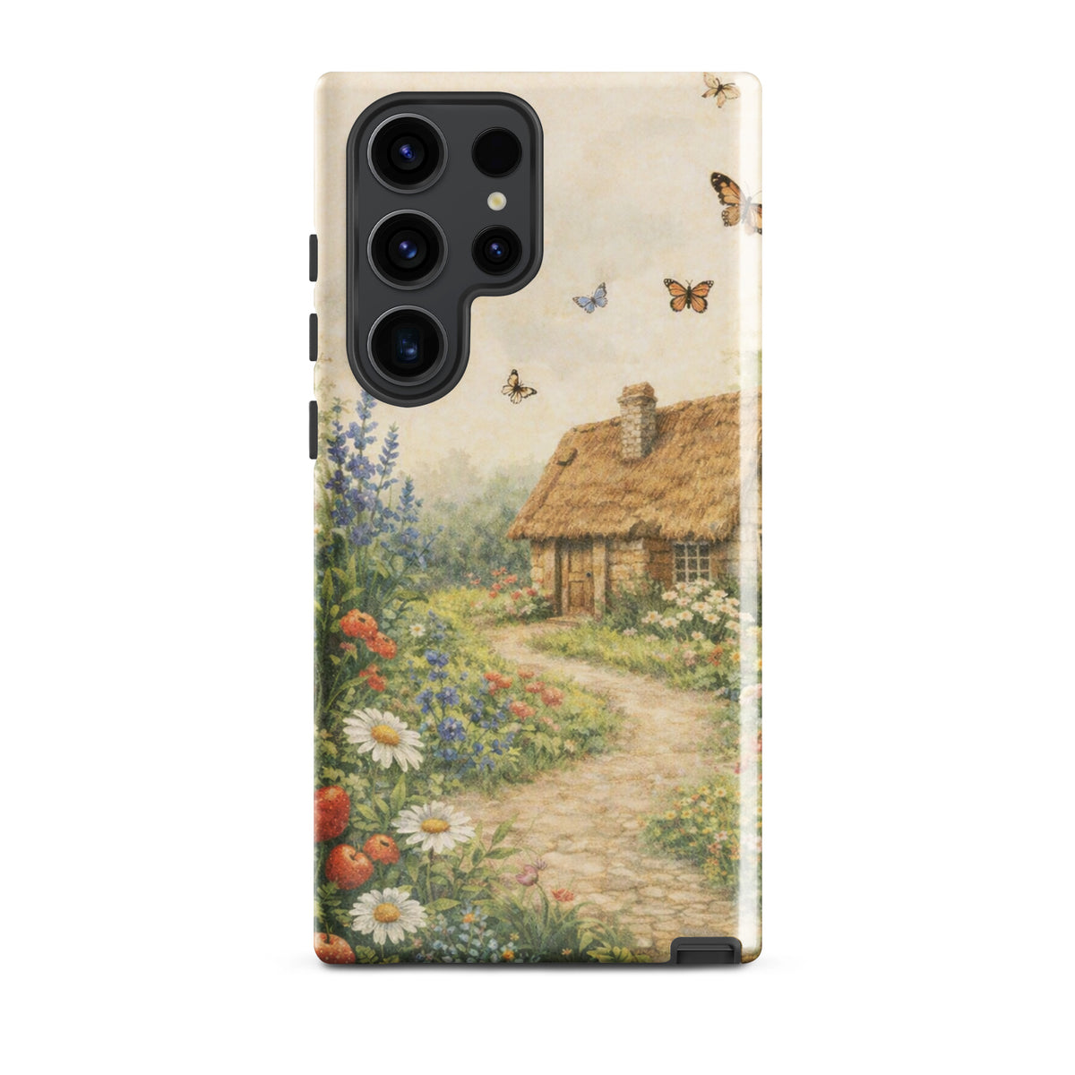 Phone Case for Samsung Galaxy featuring a cozy thatched-roof cottage with a garden on cream background, ideal for countryside charm lovers.