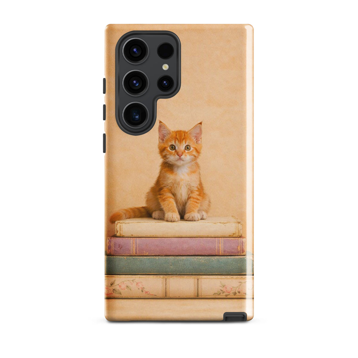 Phone Case for Samsung Galaxy featuring an orange tabby kitten on vintage books, cozy nostalgic design.
