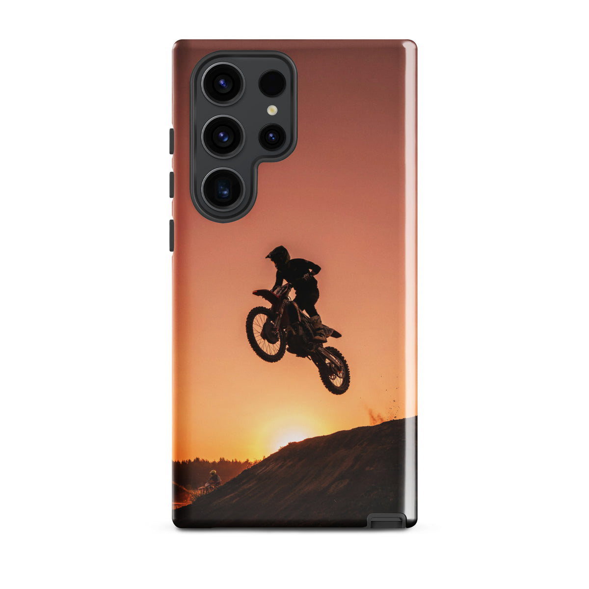 Phone Case for Samsung Galaxy with motocross sunset dirt bike design, featuring a biker silhouette against a warm sunset backdrop.