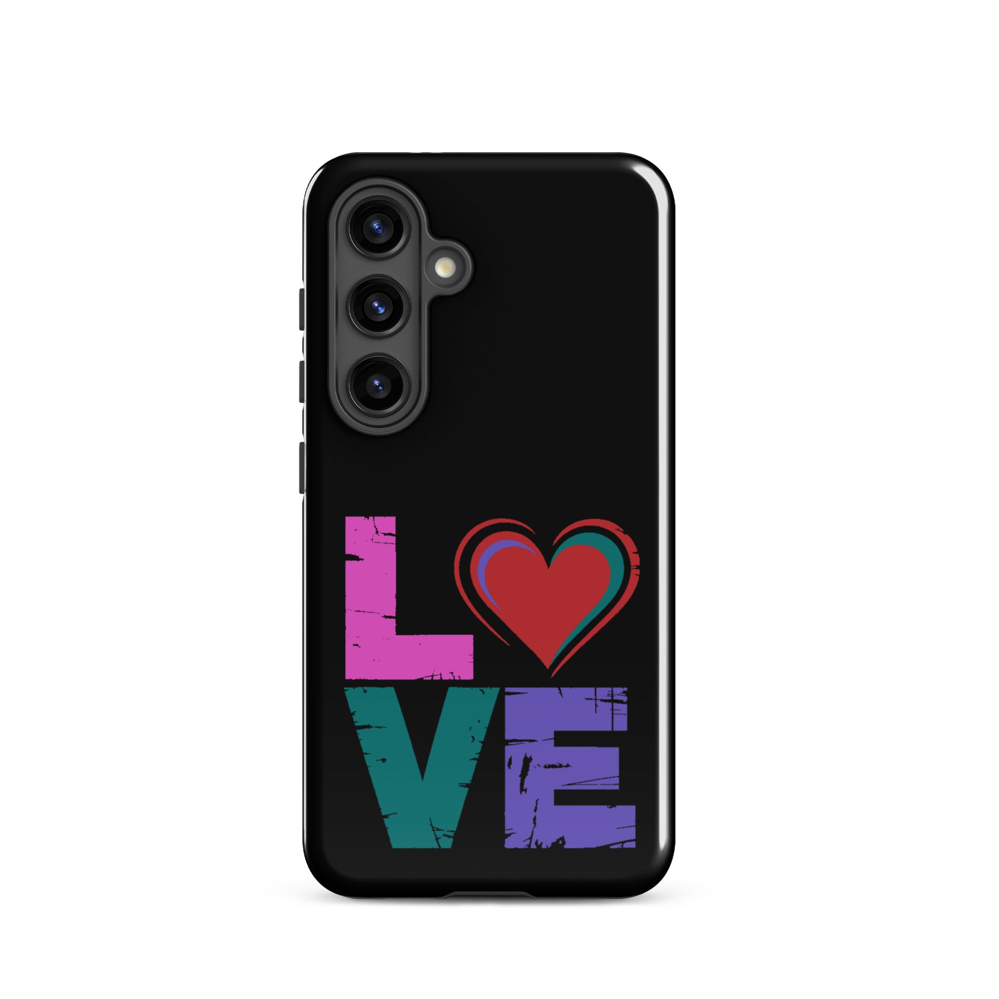 Tough case for Samsung Galaxy Phones featuring a colorful 'LOVE' design with a heart in place of the 'o'.