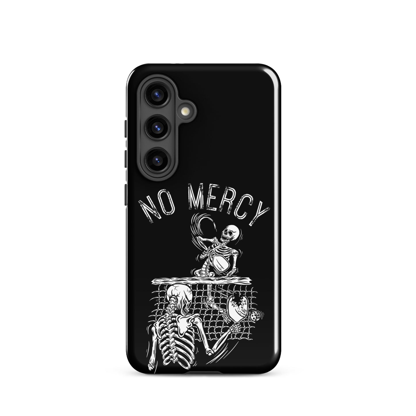 Pickleball Samsung Galaxy case featuring a skeleton design with the phrase 'No Mercy'.