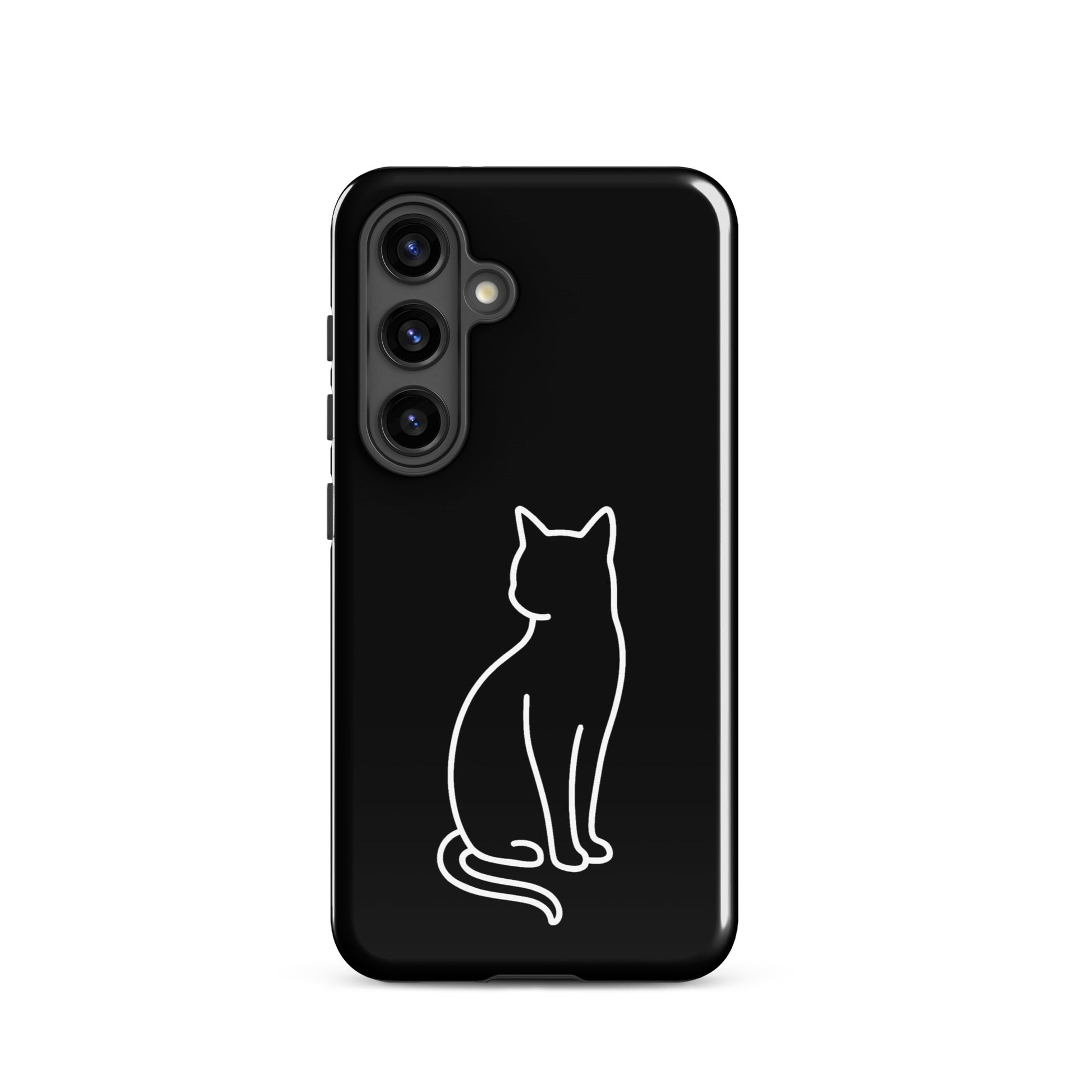 Phone Case for Samsung Galaxy featuring a minimalist cat outline design on a sleek black background.