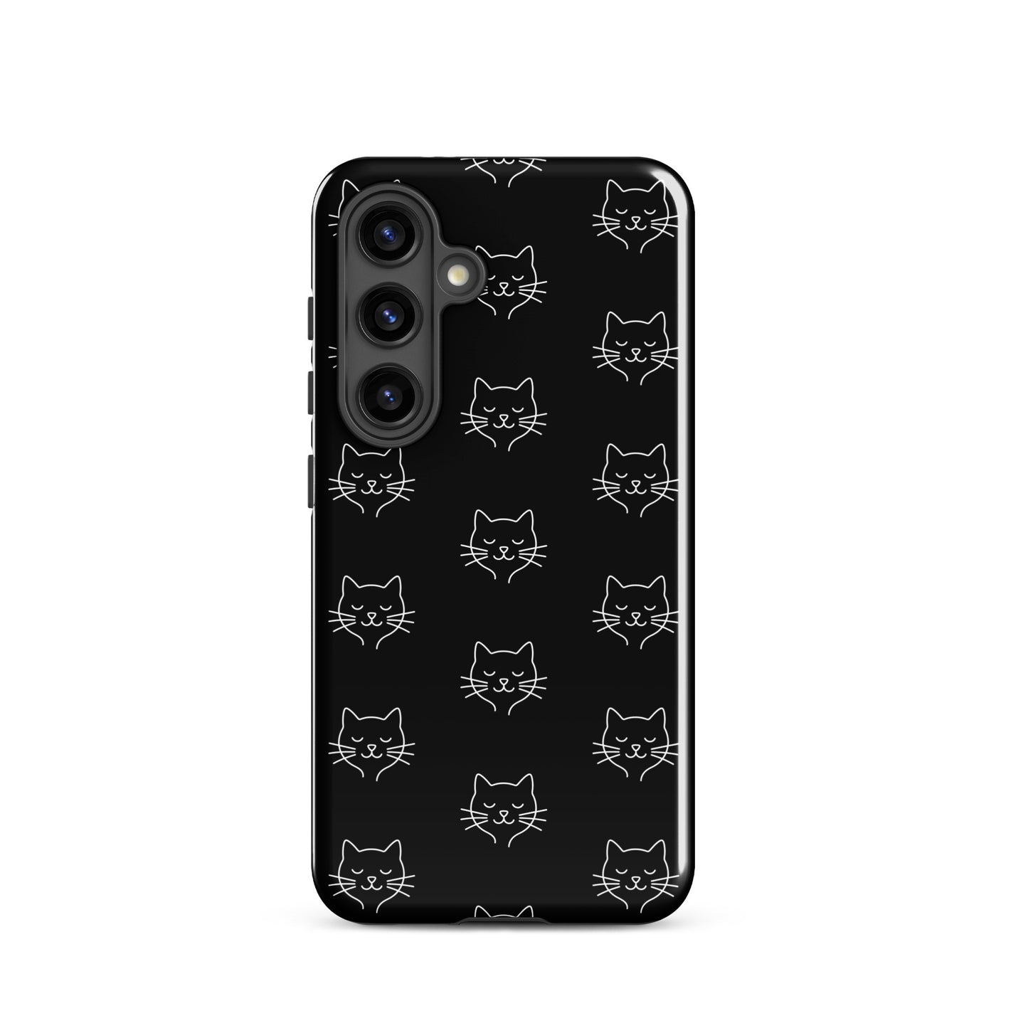 Phone Case for Samsung Galaxy featuring cute minimalist cat pattern design on a sleek black background.
