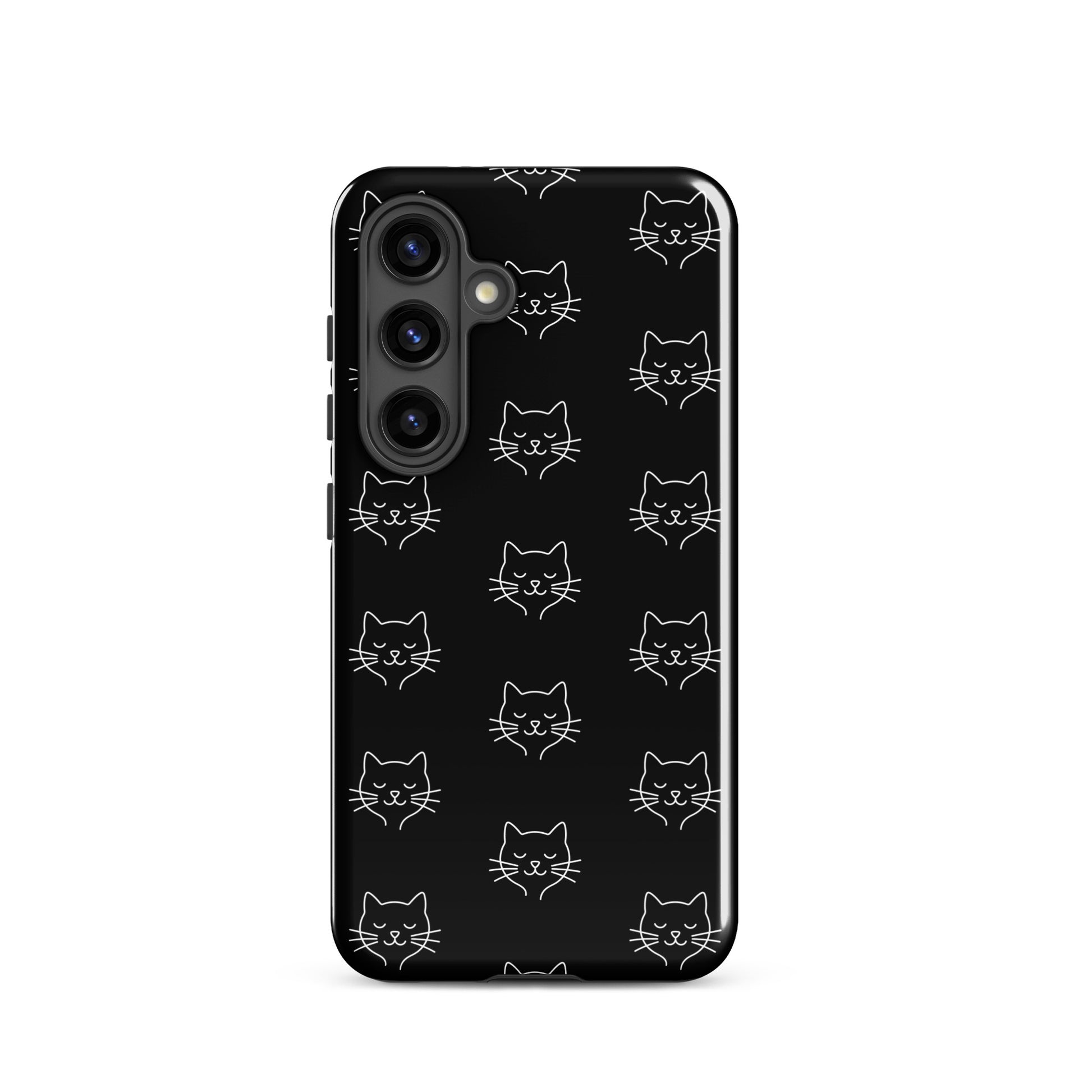 Phone Case for Samsung Galaxy featuring cute minimalist cat pattern design on a sleek black background.