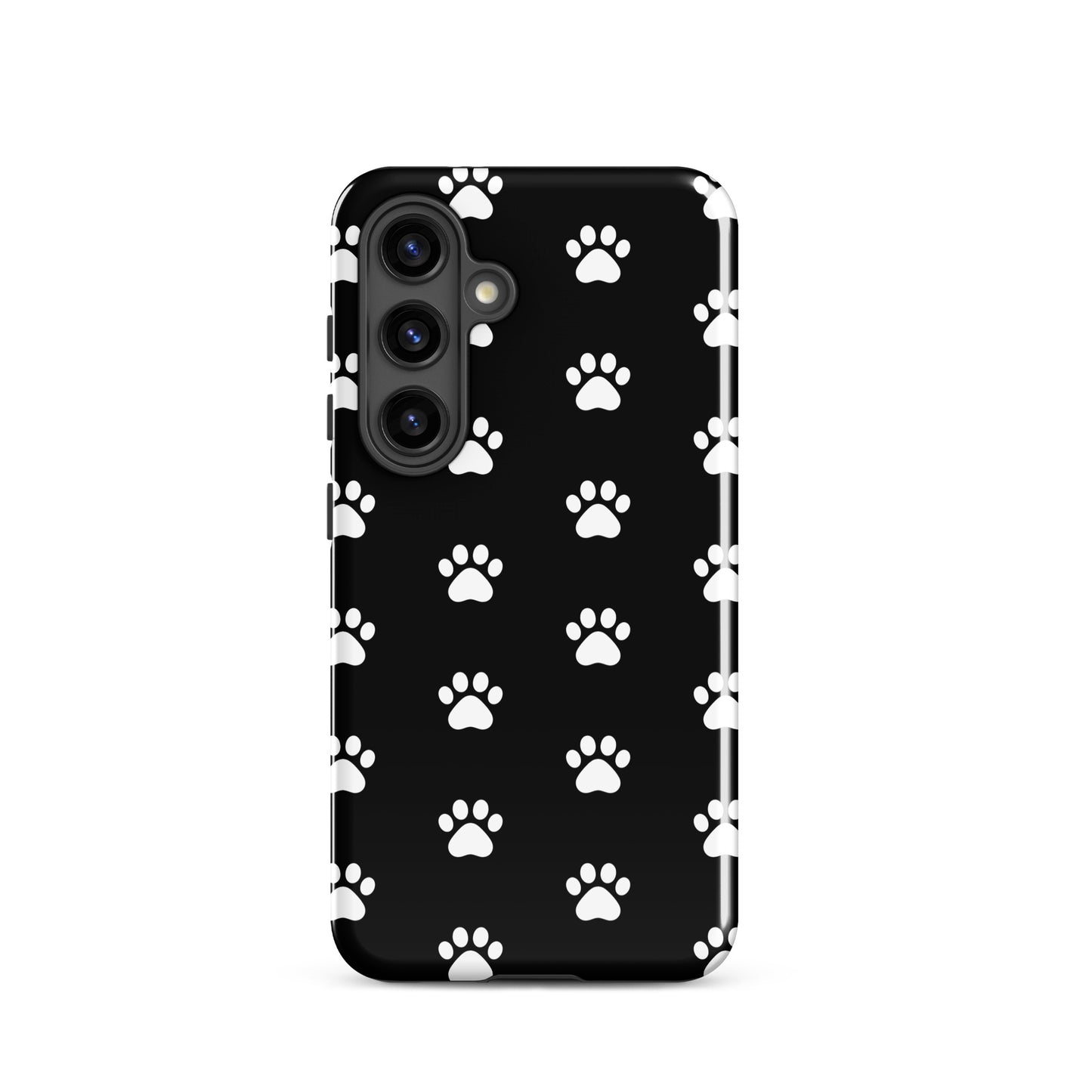 Phone Case for Samsung Galaxy with stylish white paw print design on a black background.