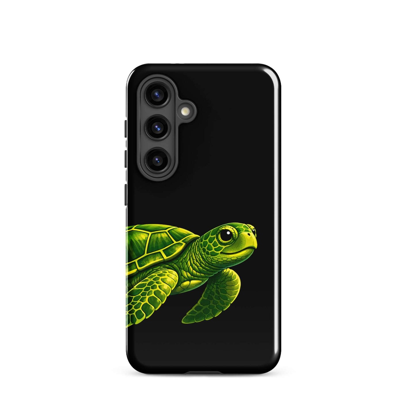 Phone case featuring a vibrant sea turtle design on a black background, ideal for Samsung Galaxy.