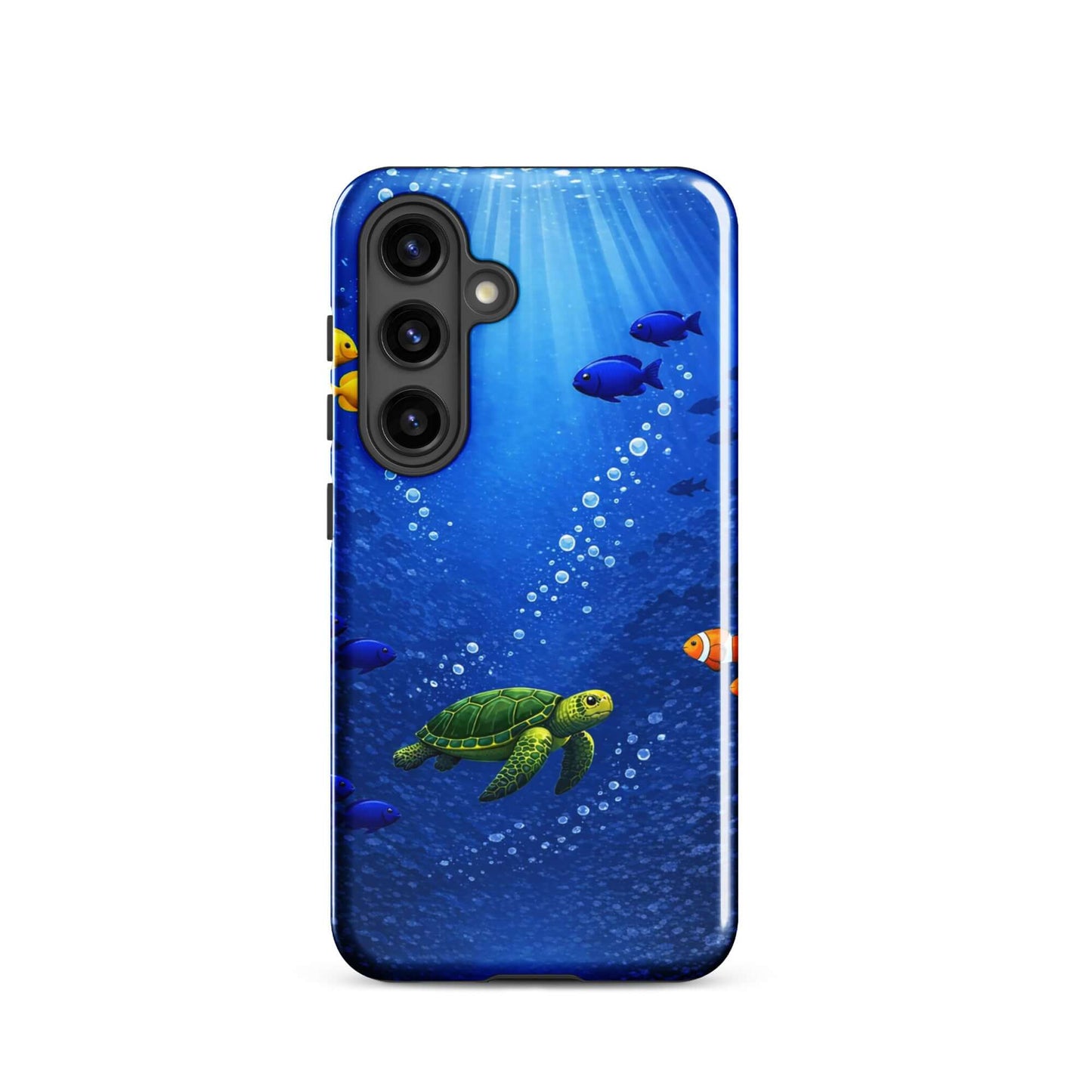 Phone Case featuring a sea turtle in a colorful underwater scene with tropical fish and bubbles.