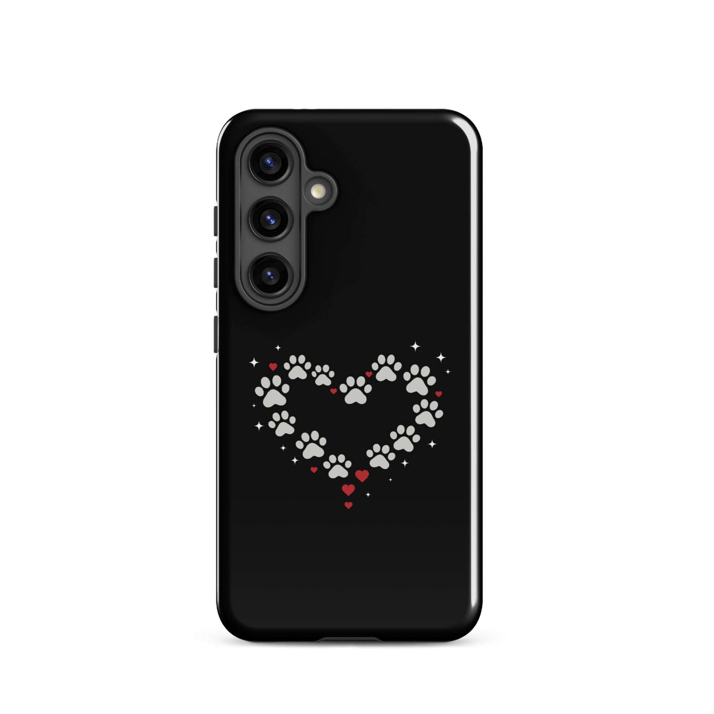 Phone Case for Samsung Galaxy featuring a paw-print heart design on a black background.