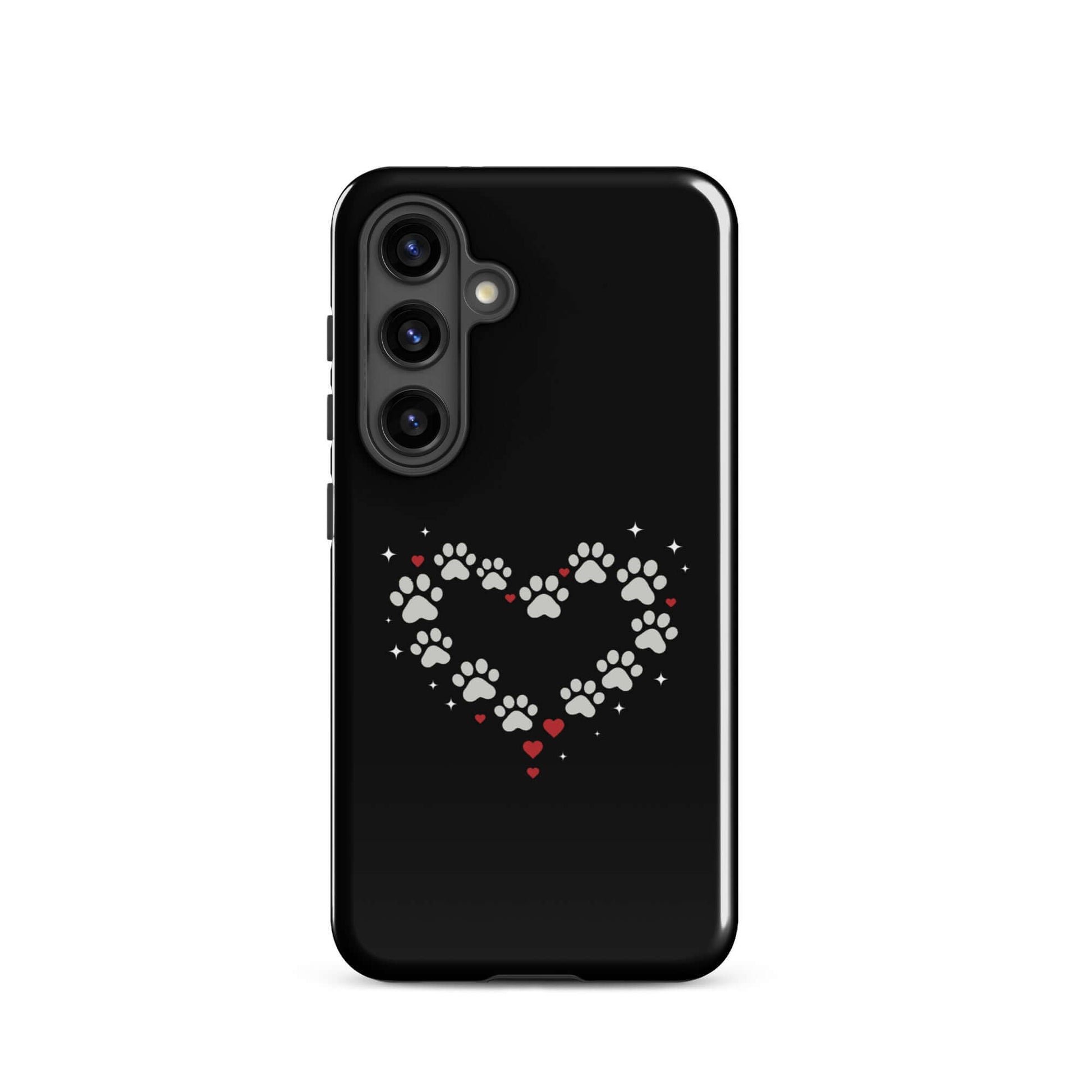 Phone Case for Samsung Galaxy featuring a paw-print heart design on a black background.