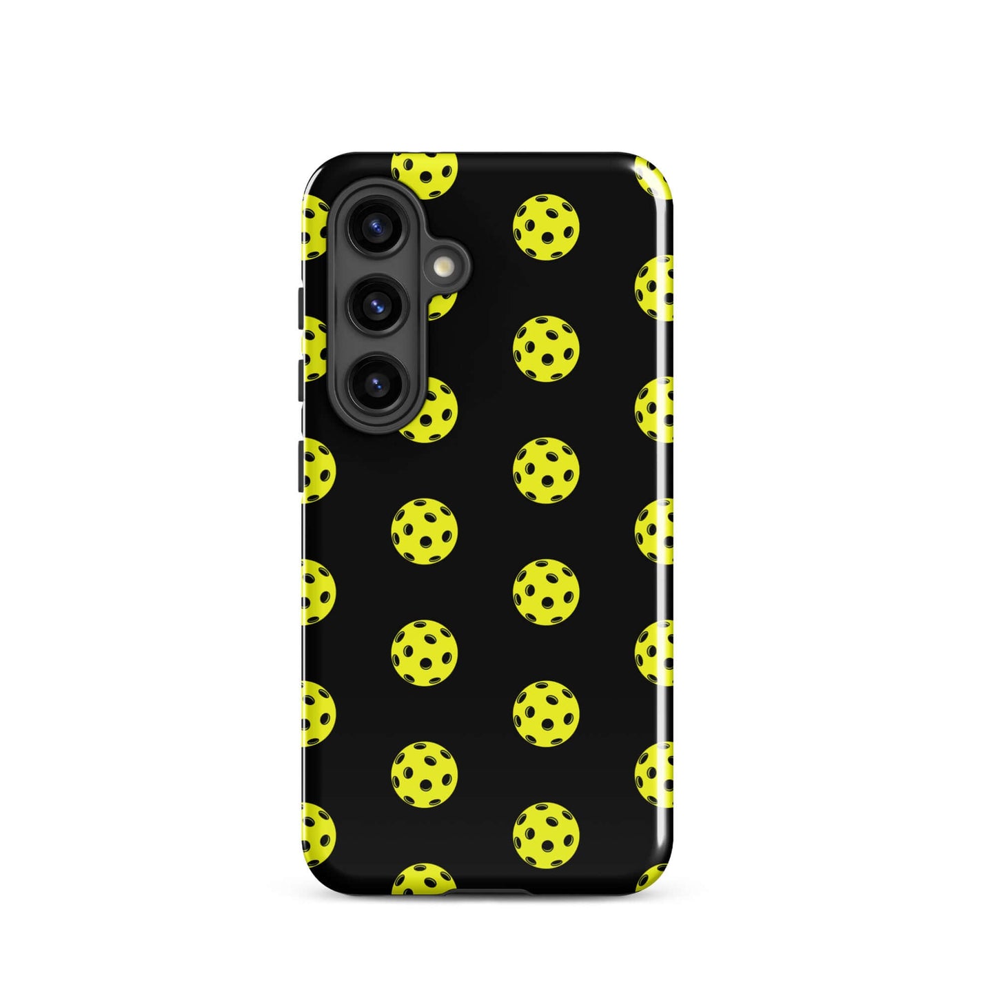 Phone Case for Samsung Galaxy featuring a bold pickleball pattern with yellow balls on a black background.