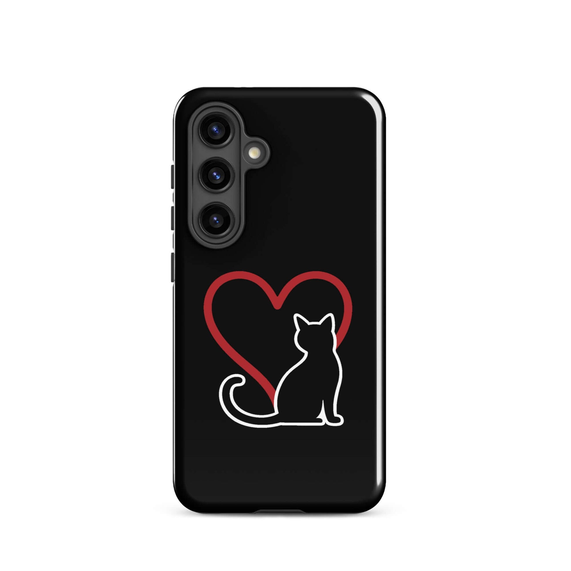 Phone Case for Samsung Galaxy featuring a black cat silhouette and a red heart design, perfect for cat lovers.