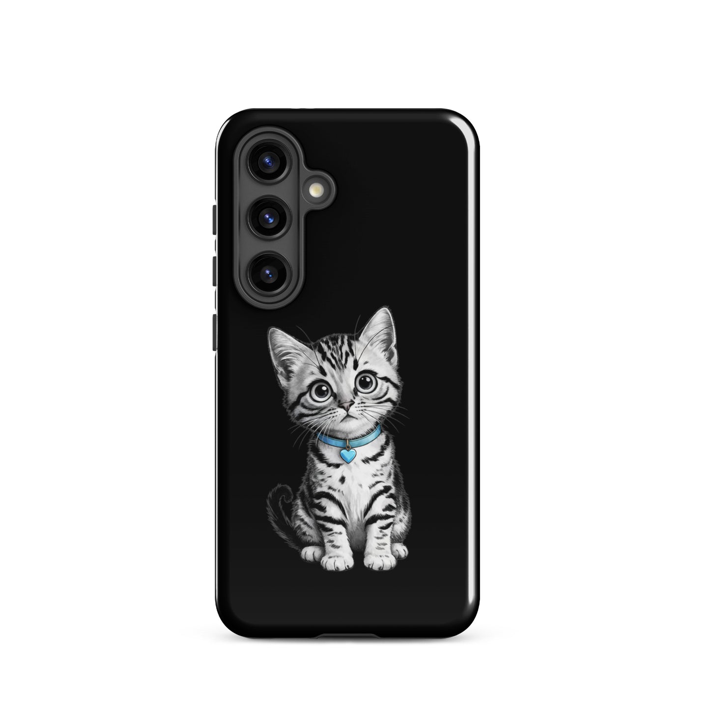 Phone Case for Samsung Galaxy with kitten and blue heart charm, featuring elegant pencil sketch design on a black background.