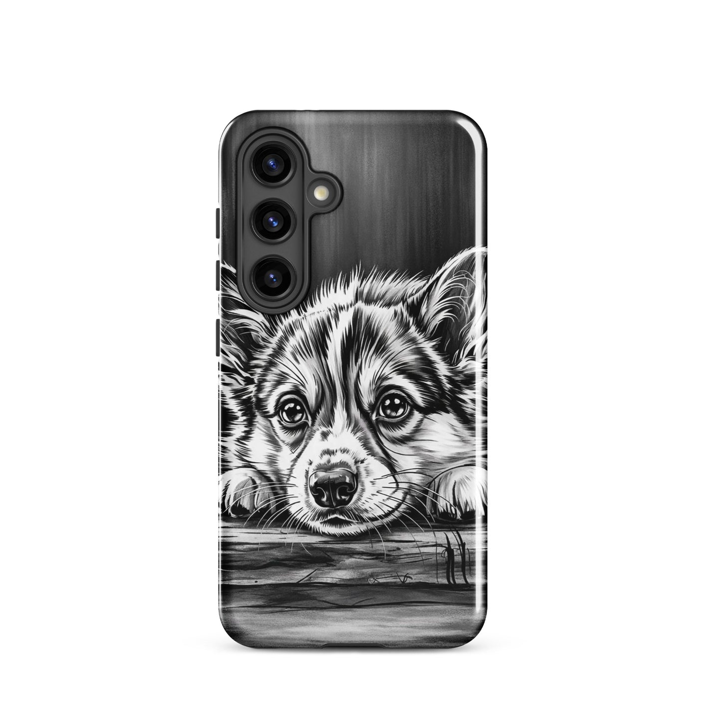 Elegant Phone Case for Samsung Galaxy with black-and-white puppy illustration on aged wood background.