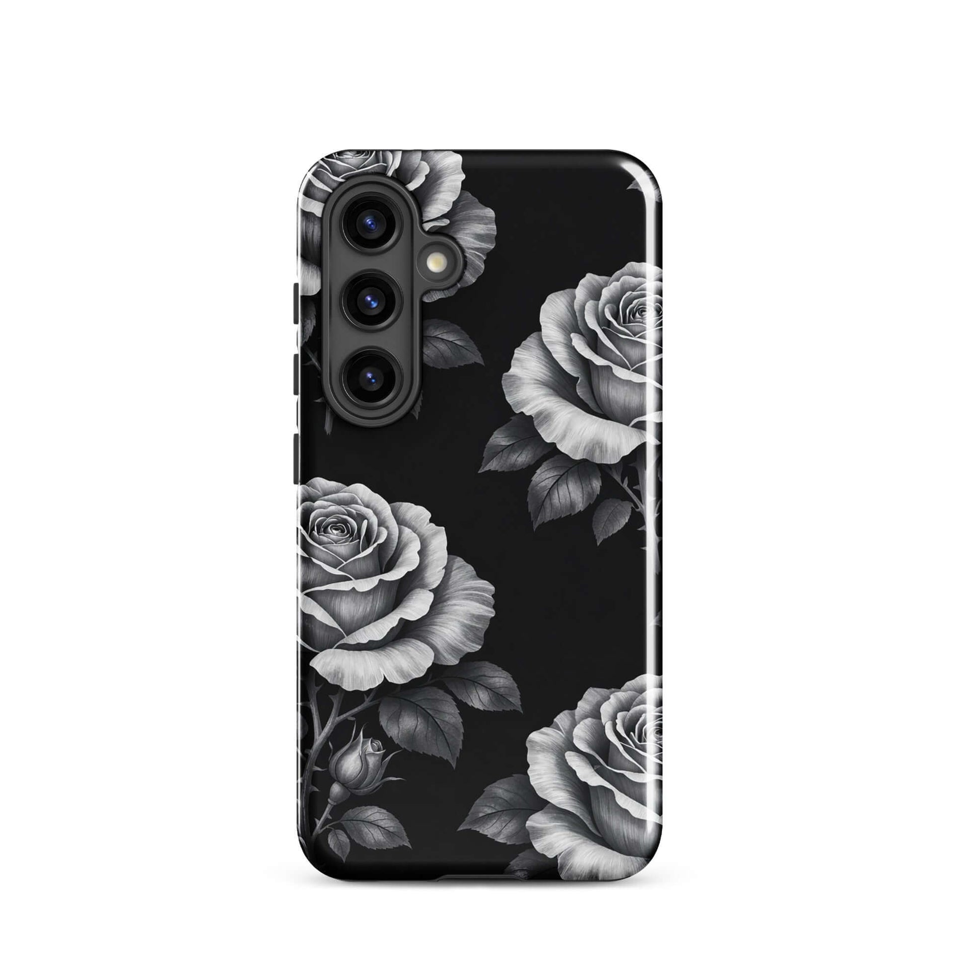 Phone Case for Samsung Galaxy with rose garden design on black background, featuring hand-sketched roses and leaves in elegant style.