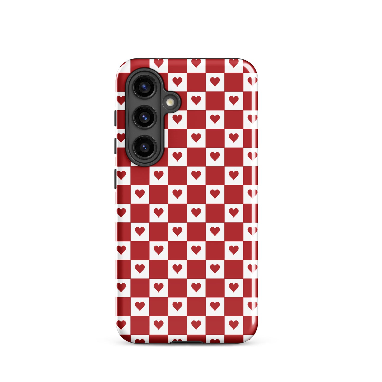 Phone Case for Samsung Galaxy with cute red heart checkered design on white background.