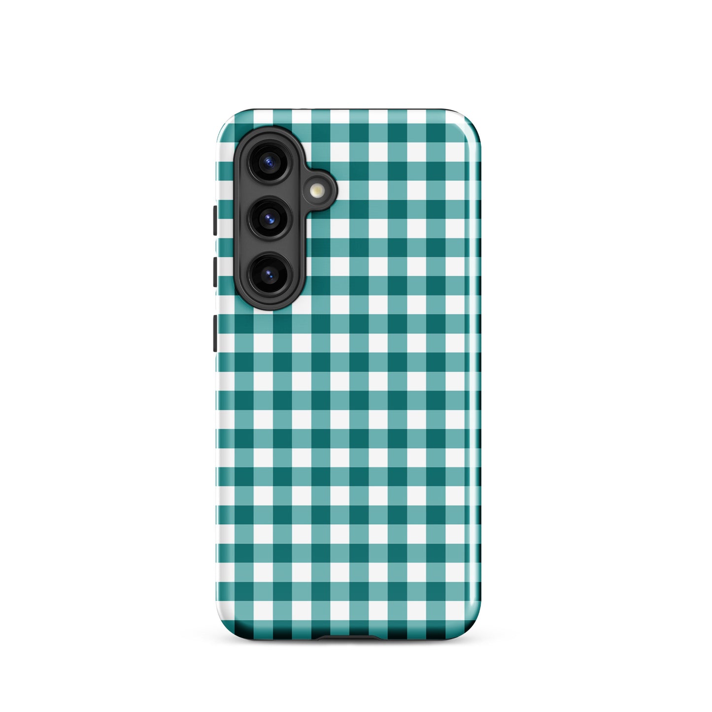 Phone Case for Samsung Galaxy featuring teal-and-white gingham pattern, stylish and durable design for chic smartphone protection.