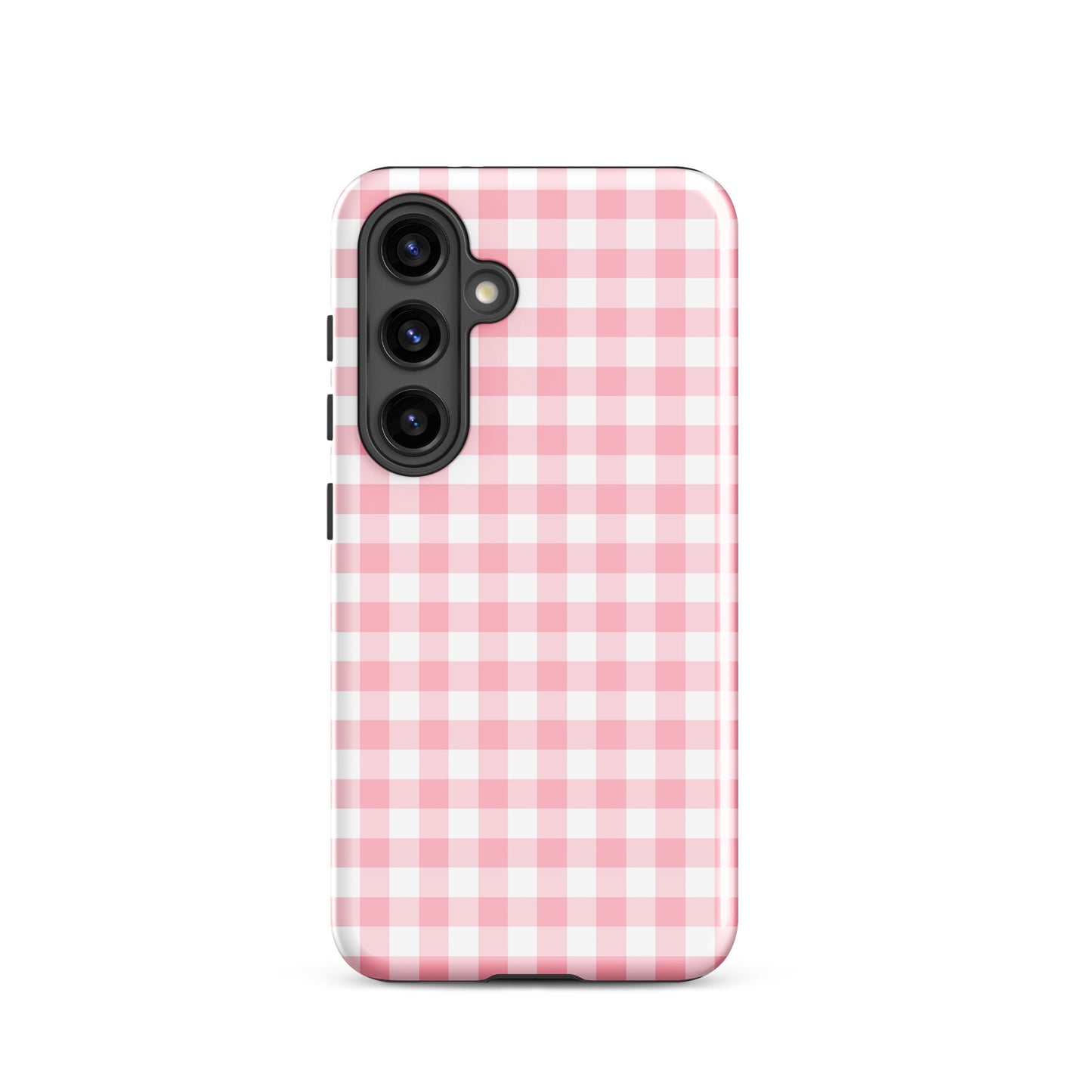 Phone Case for Samsung Galaxy with pink and white gingham pattern, stylish and protective accessory.