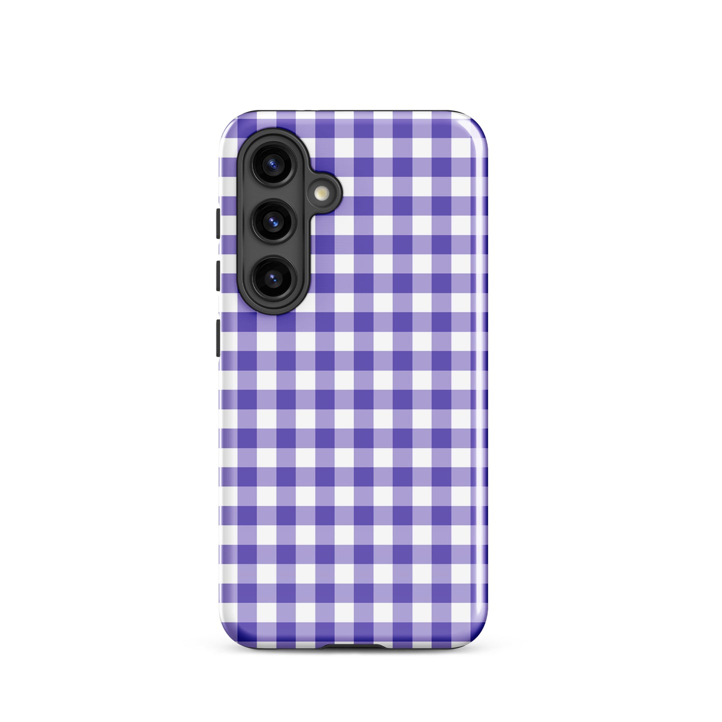 Phone case for Samsung Galaxy in purple gingham pattern, stylish and durable accessory