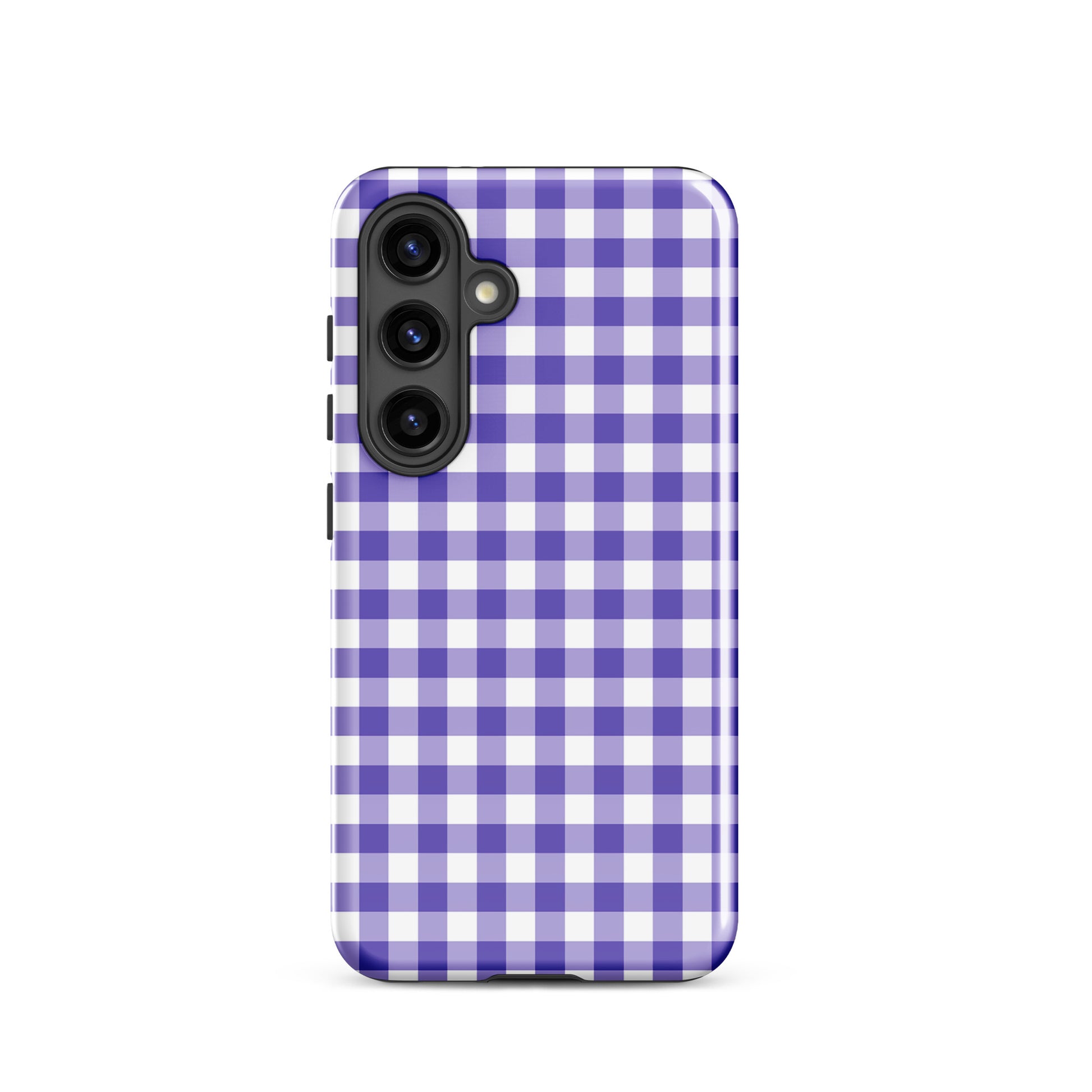 Phone case for Samsung Galaxy in purple gingham pattern, stylish and durable accessory