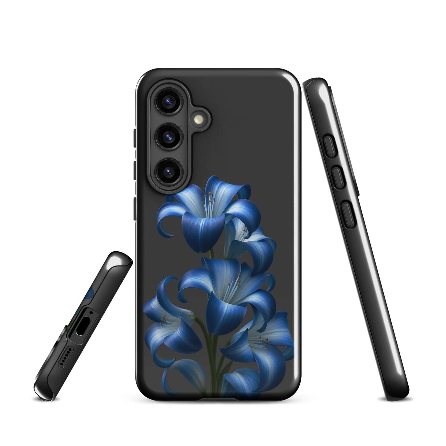 Phone Case for Samsung Galaxy featuring blue lily bloom design on a sleek black background with protective dual-layer build.