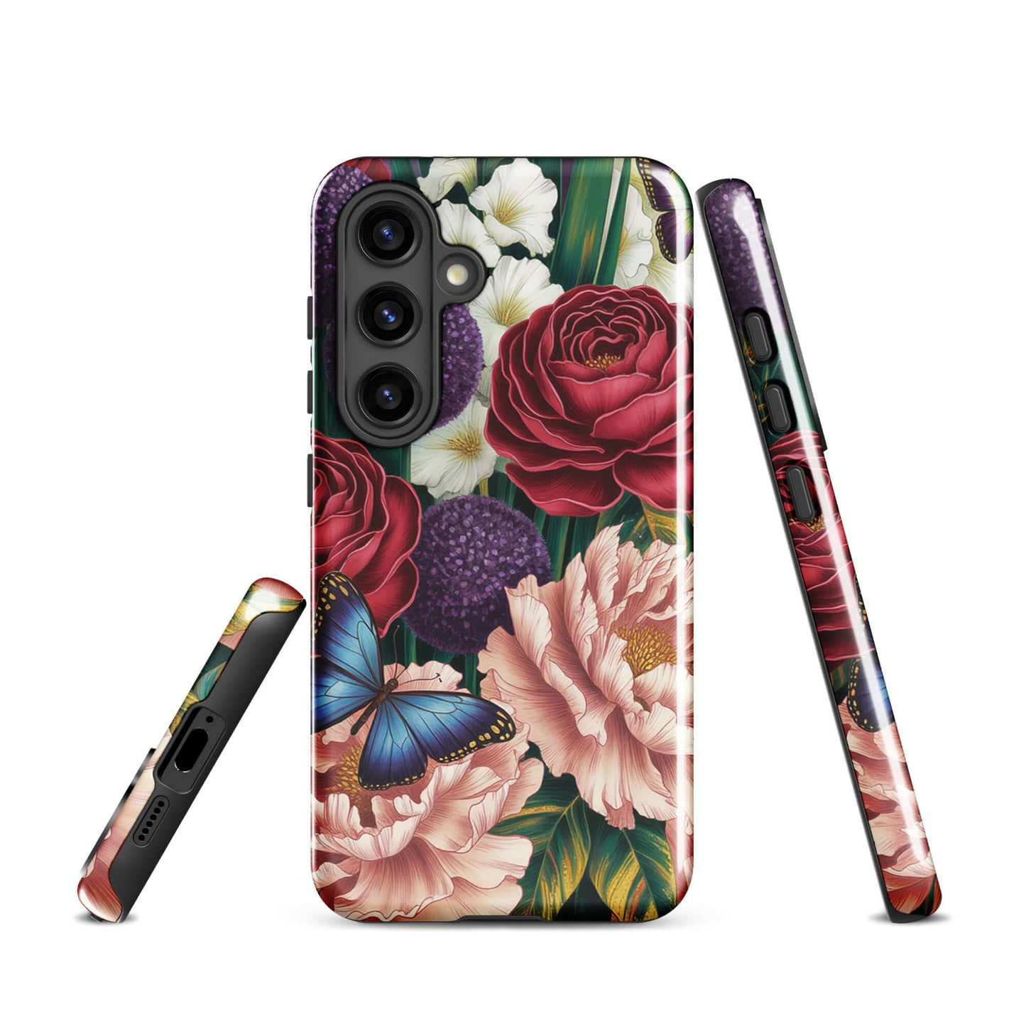 Phone Case for Samsung Galaxy with botanical design featuring roses, peonies, alliums, and butterflies. Vibrant and protective.