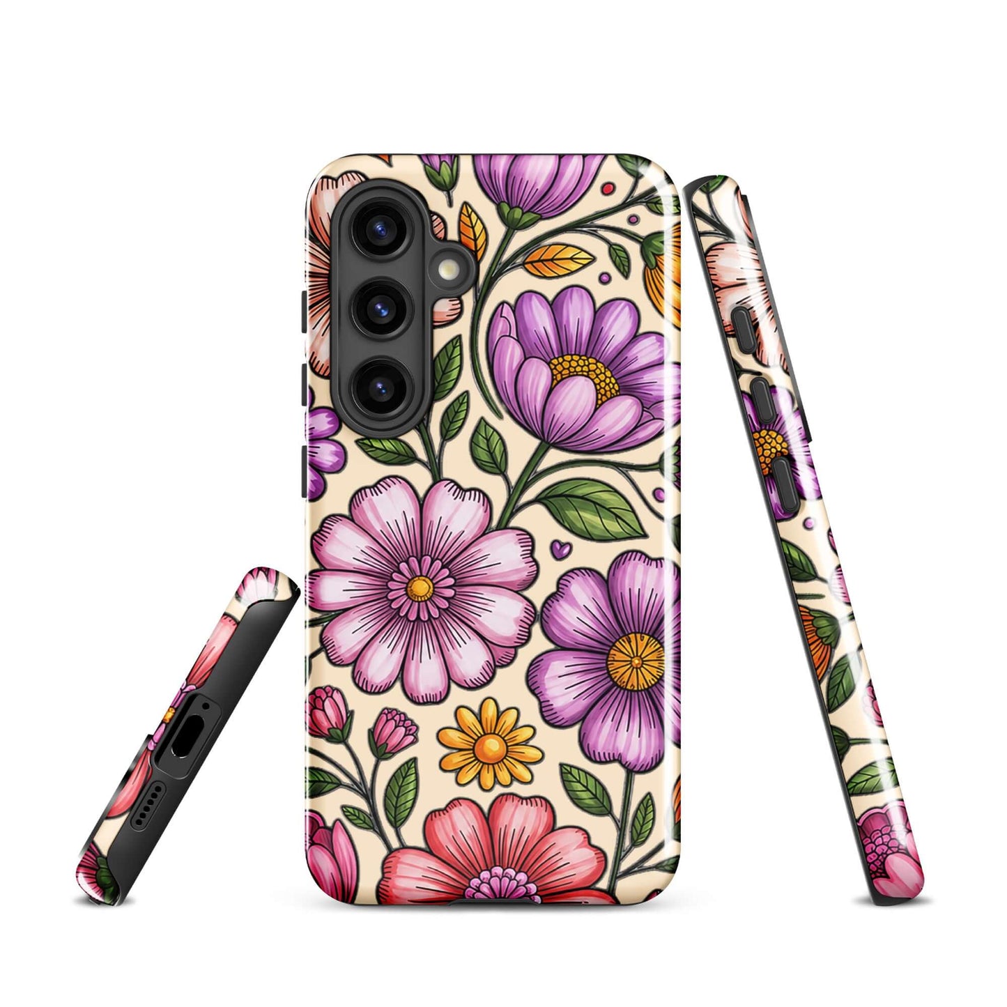 Phone Case for Samsung Galaxy with pastel floral design, featuring pink, peach, lavender, and yellow flowers with durable construction.