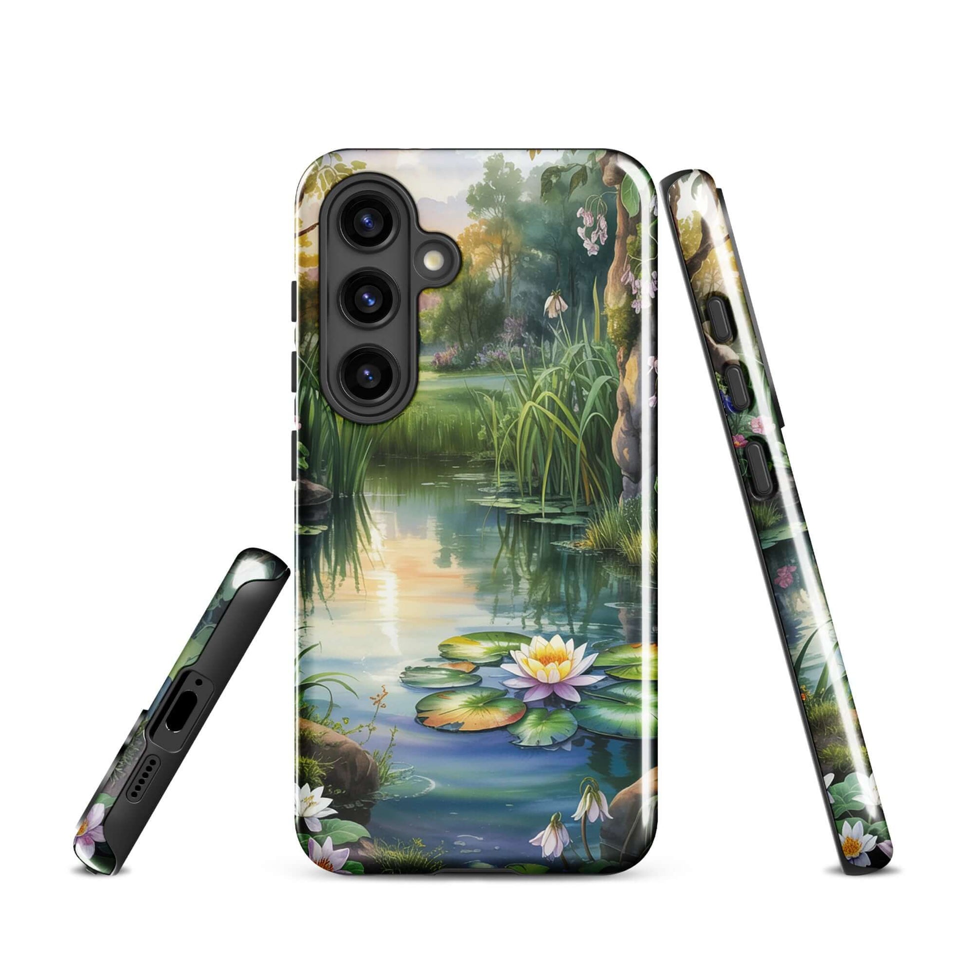 Phone Case for Samsung Galaxy with enchanted pond design, serene lily pond and greenery, storybook charm, peaceful sunset reflections
