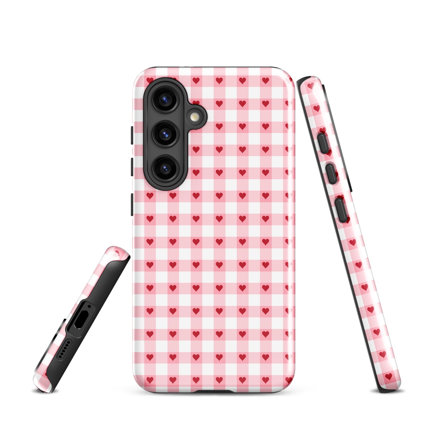 Phone Case for Samsung Galaxy in pink-and-white gingham pattern with red hearts, showcasing stylish design and durability.