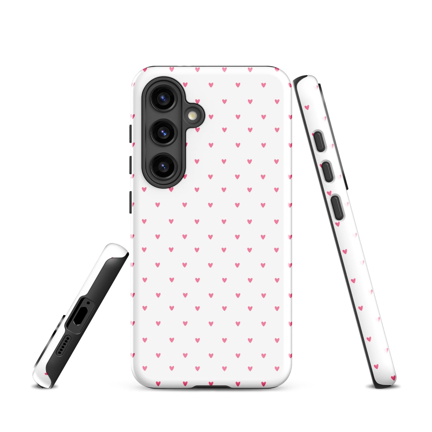 Phone Case for Samsung Galaxy with heart pattern in playful polka-dot style, featuring pink hearts on a white background.