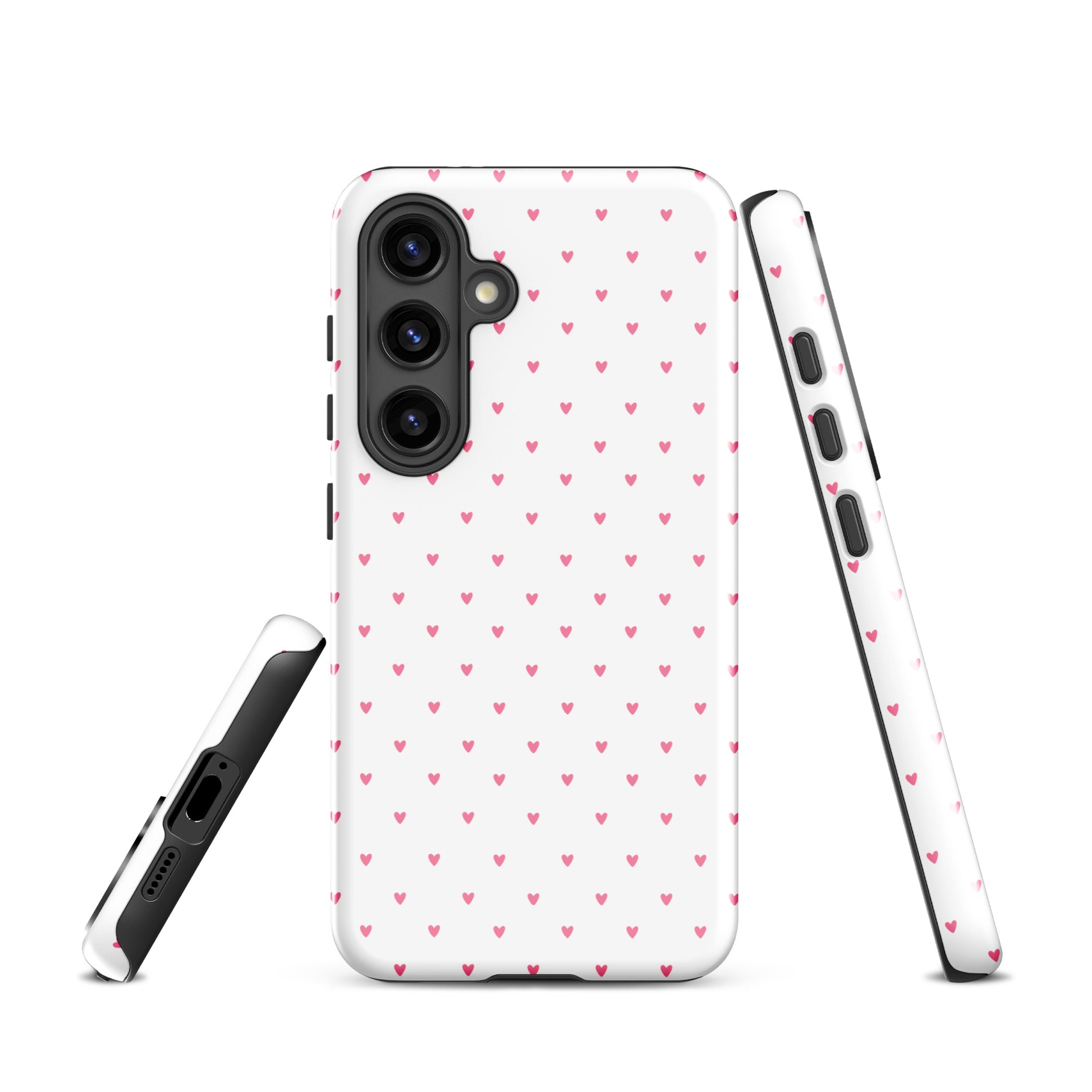 Phone Case for Samsung Galaxy with heart pattern in playful polka-dot style, featuring pink hearts on a white background.