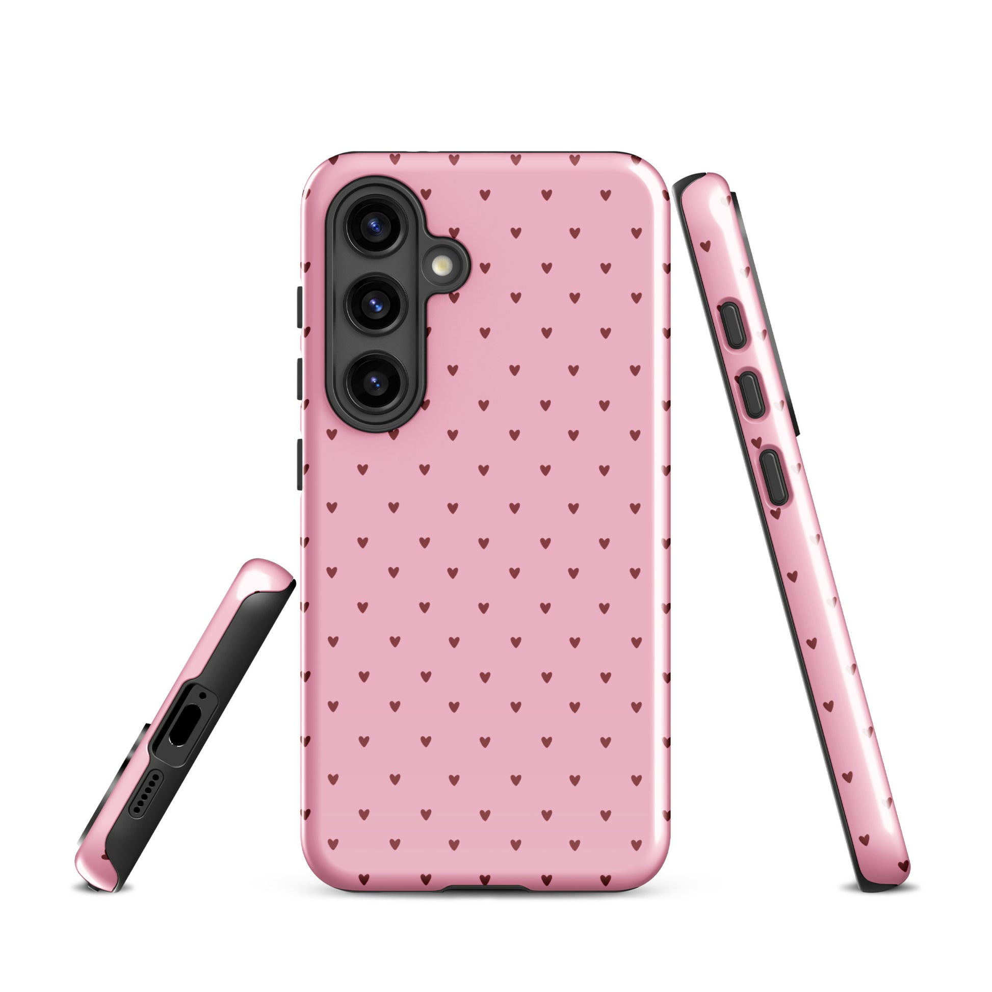 Phone Case for Samsung Galaxy with heart-dot pattern, pink background, and playful design.